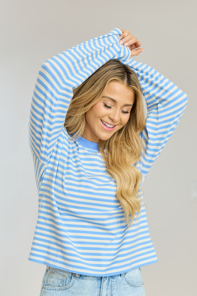Nylah Blue Striped Long Sleeve Crewneck Top | Elegant Women's Fashion by coolavocek