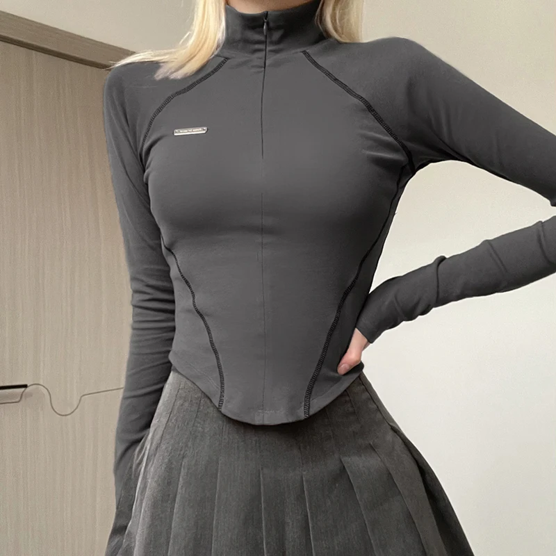 CIBBAR Techwear Fall Zip Up Long Sleeve Crop Top Women Casual Striped Print Skinny T Shirt y2k Vintage Grey Tees 2000s Harajuku