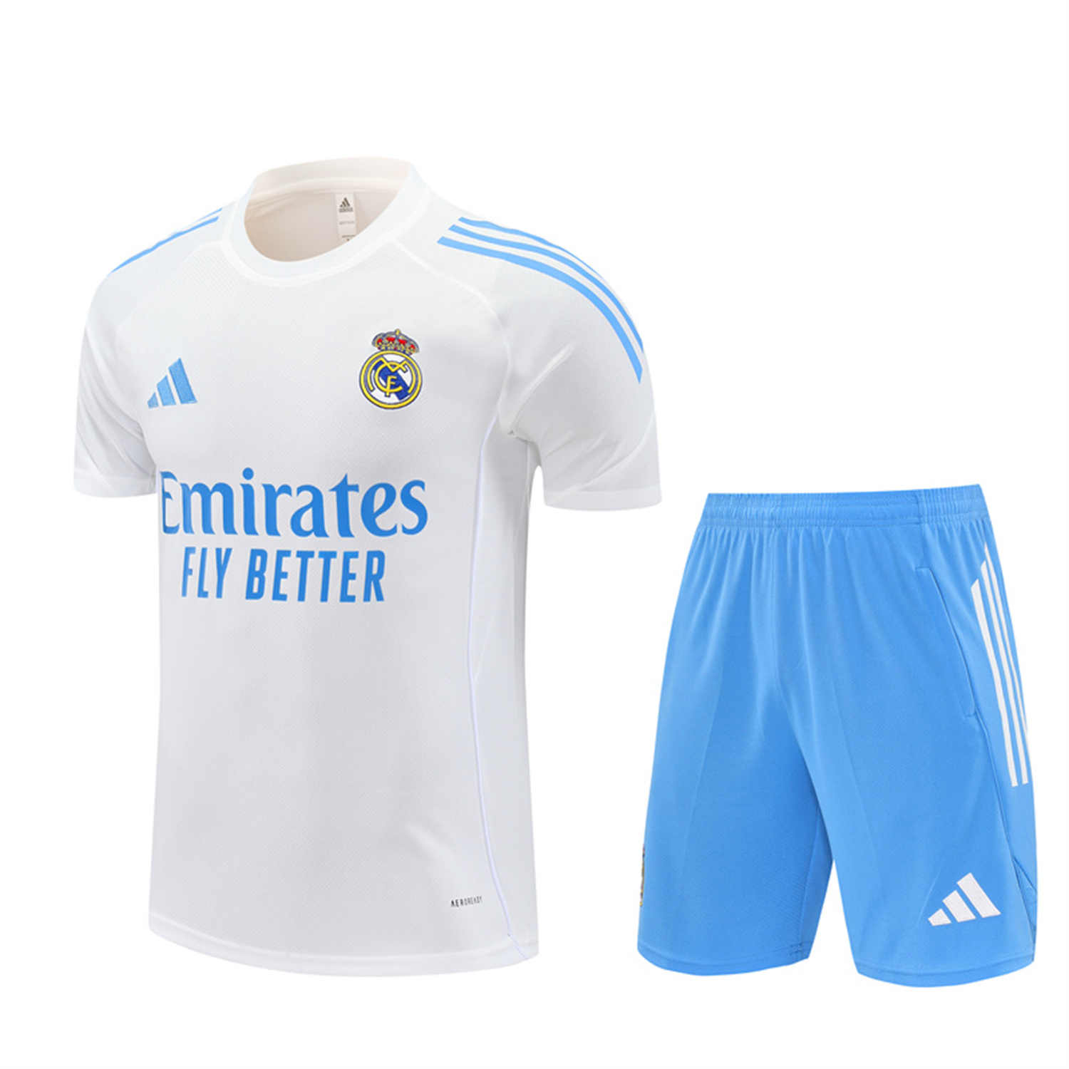 AlphaJersey-Real Madrid 25-26 Short-Sleeve Training Set - White Top and Sky Blue Shorts