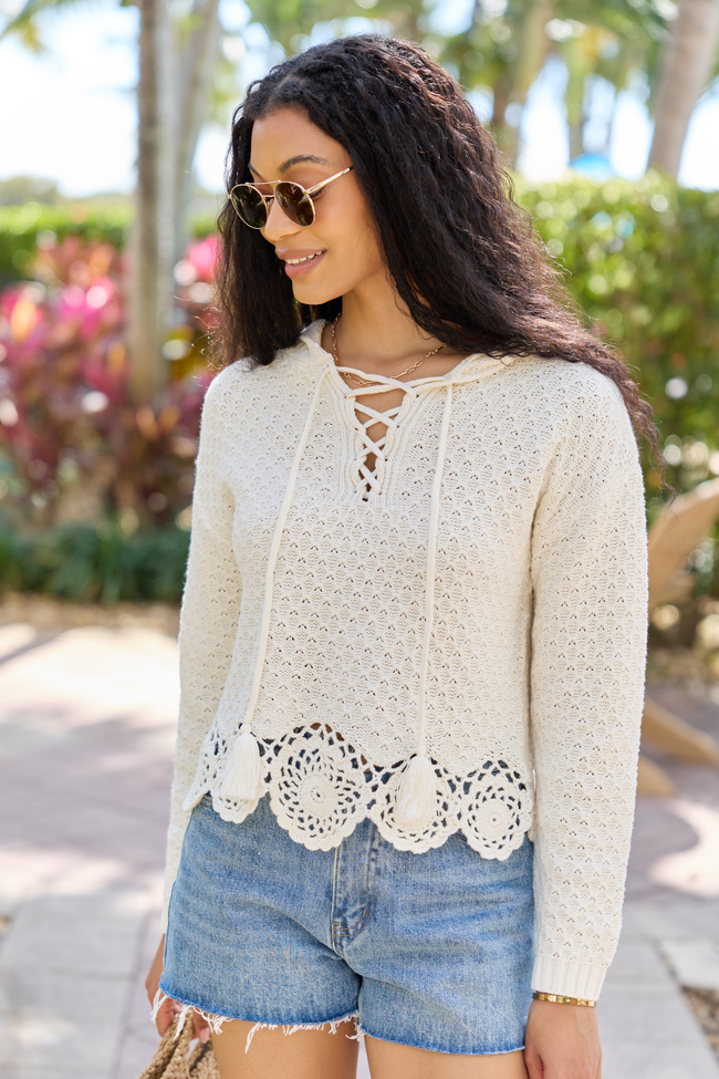 Harrisyn Ivory Cropped Crochet V-Neck Hoodie | Elegant Women's Fashion by coolavocek