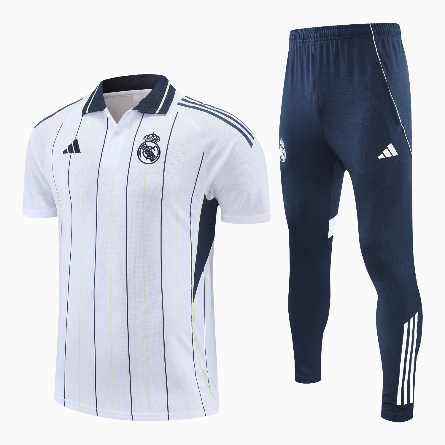 AlphaJersey-Real Madrid 25-26 POLO Short-Sleeve Training Set - Black Line White Top and Black Pants