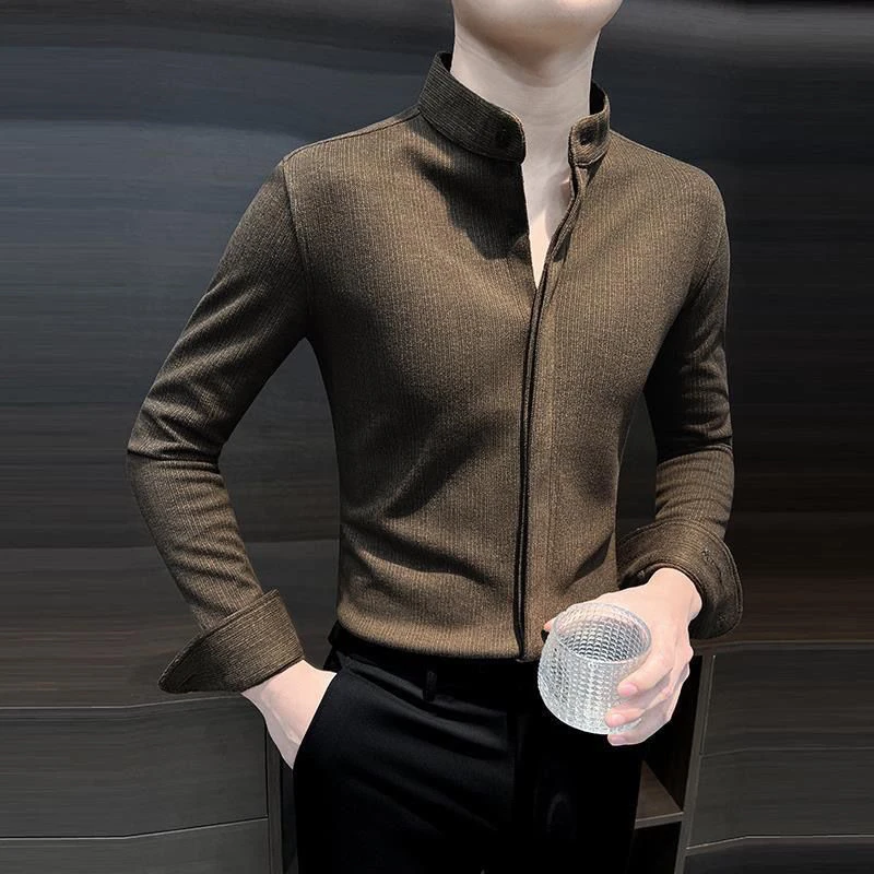 Spring Autumn New Stand Collar Casual Fashion Woolen Shirt Male Long Sleeve Solid Color Buttons Business Bottomed Blouse Top Men