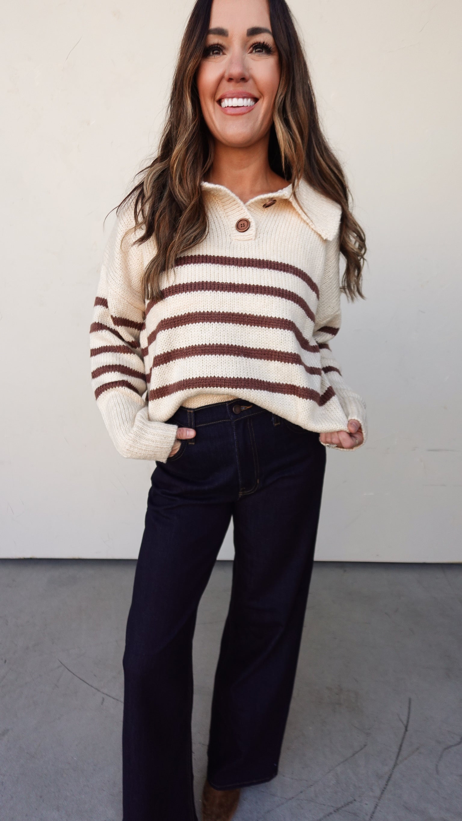 Cream/Brown Striped Button Collar Sweater | Elegant Women's Fashion by coolavocek
