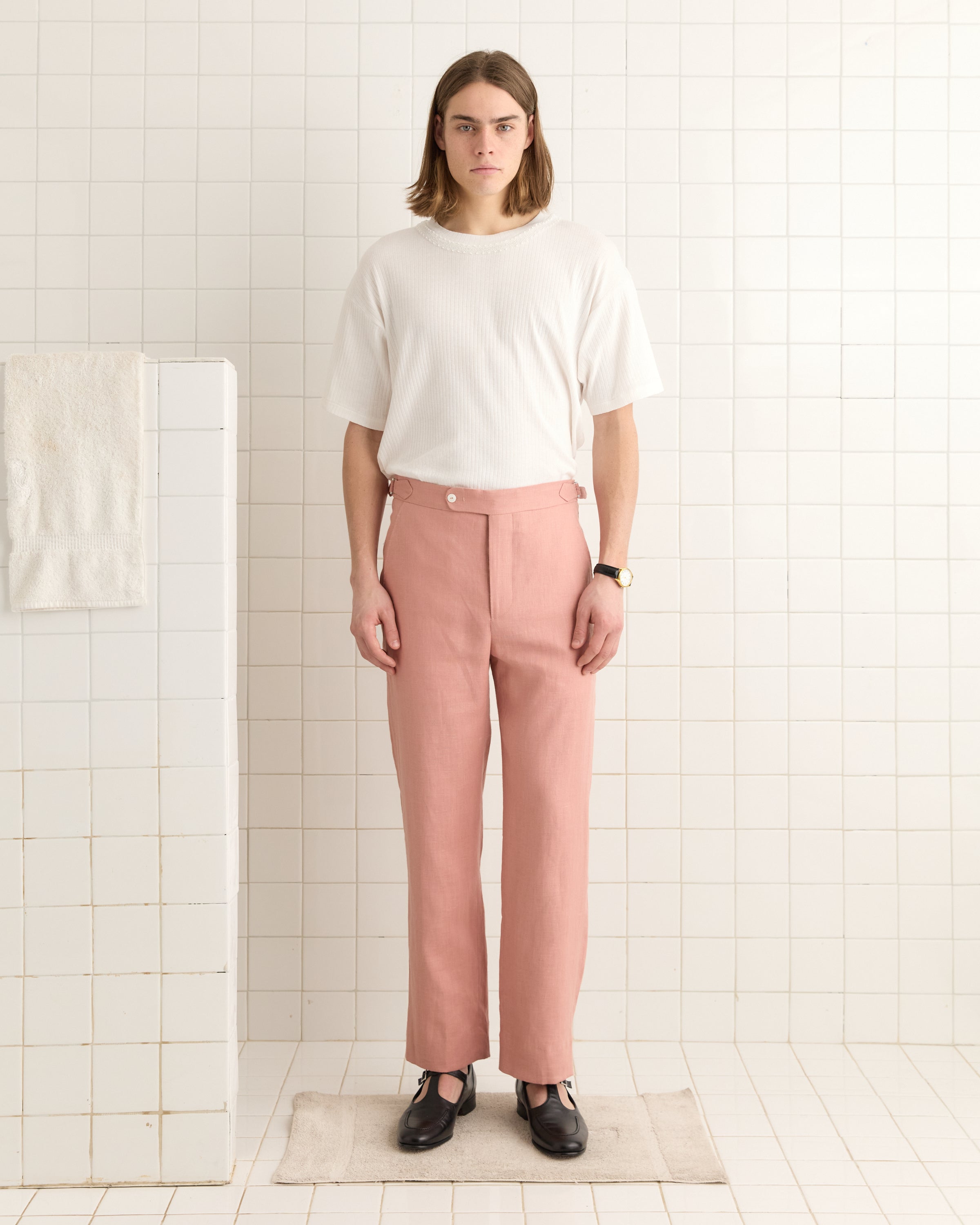 Lightweight Linen Side-Buckle Trousers - Pink | Modern Menswear by yycbvcnbmmnbm