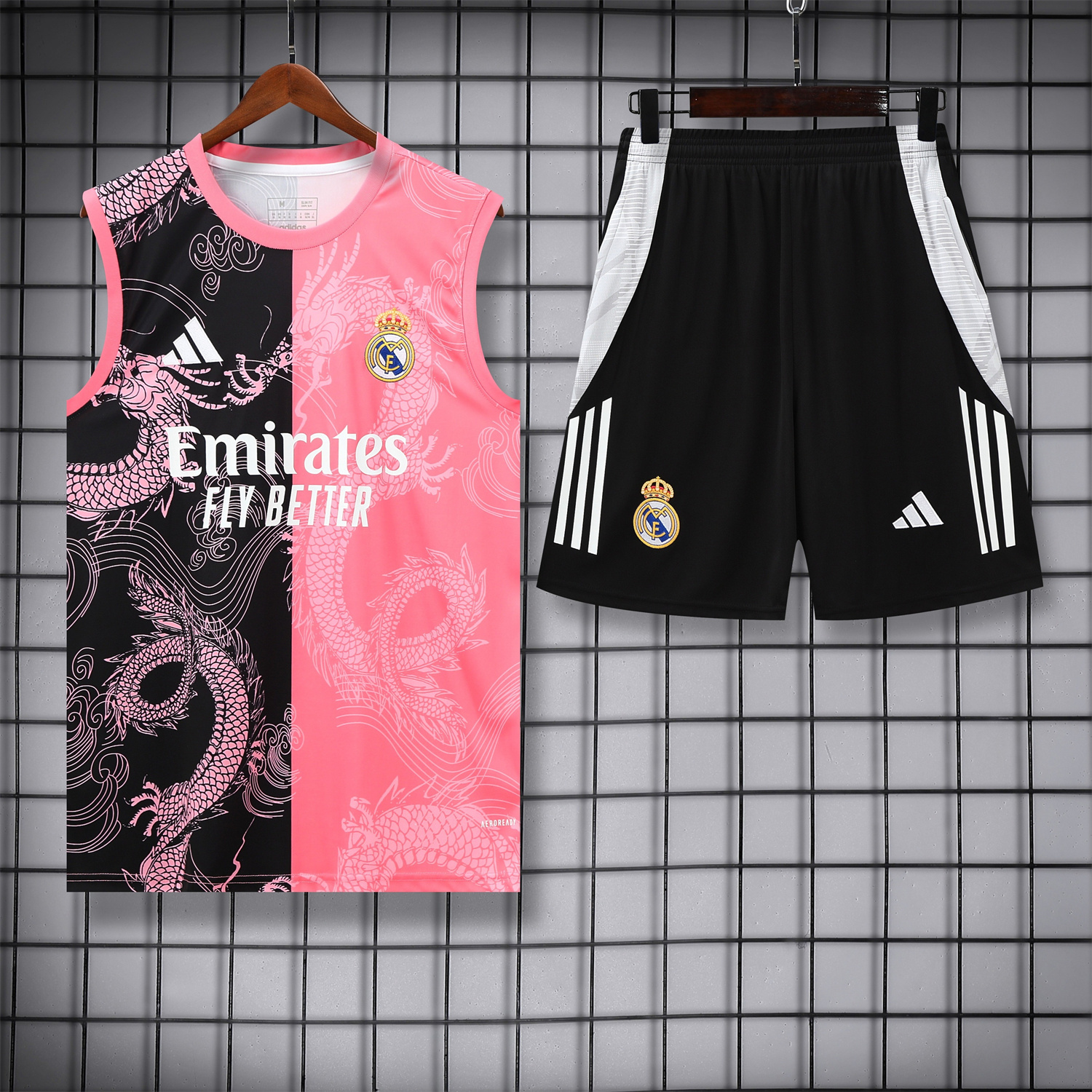 AlphaJersey-Real Madrid 25-26 Vest Training Set - Pink-Black Dragon Vest & Black-White Shorts