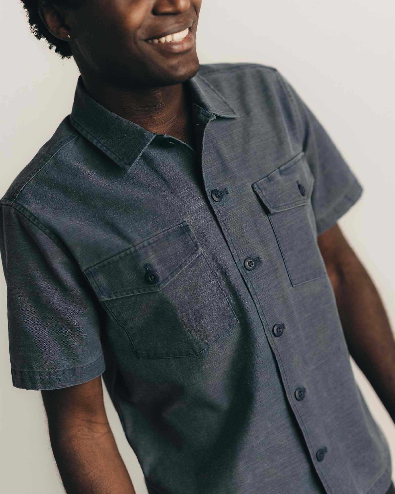 The Short Sleeve Surplus Shirt in Navy Reverse Sateen | Modern Menswear by yycbvcnbmmnbm