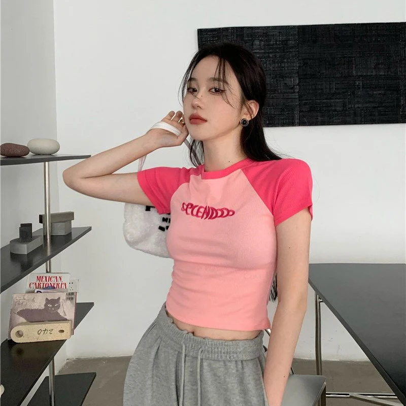 Cartoon Letter Print Tops Tshirt Women Korean Style Slim Sexy  Elasticity T-Shirt Clothes Womens Summer Streetwear Tee Crop Tops