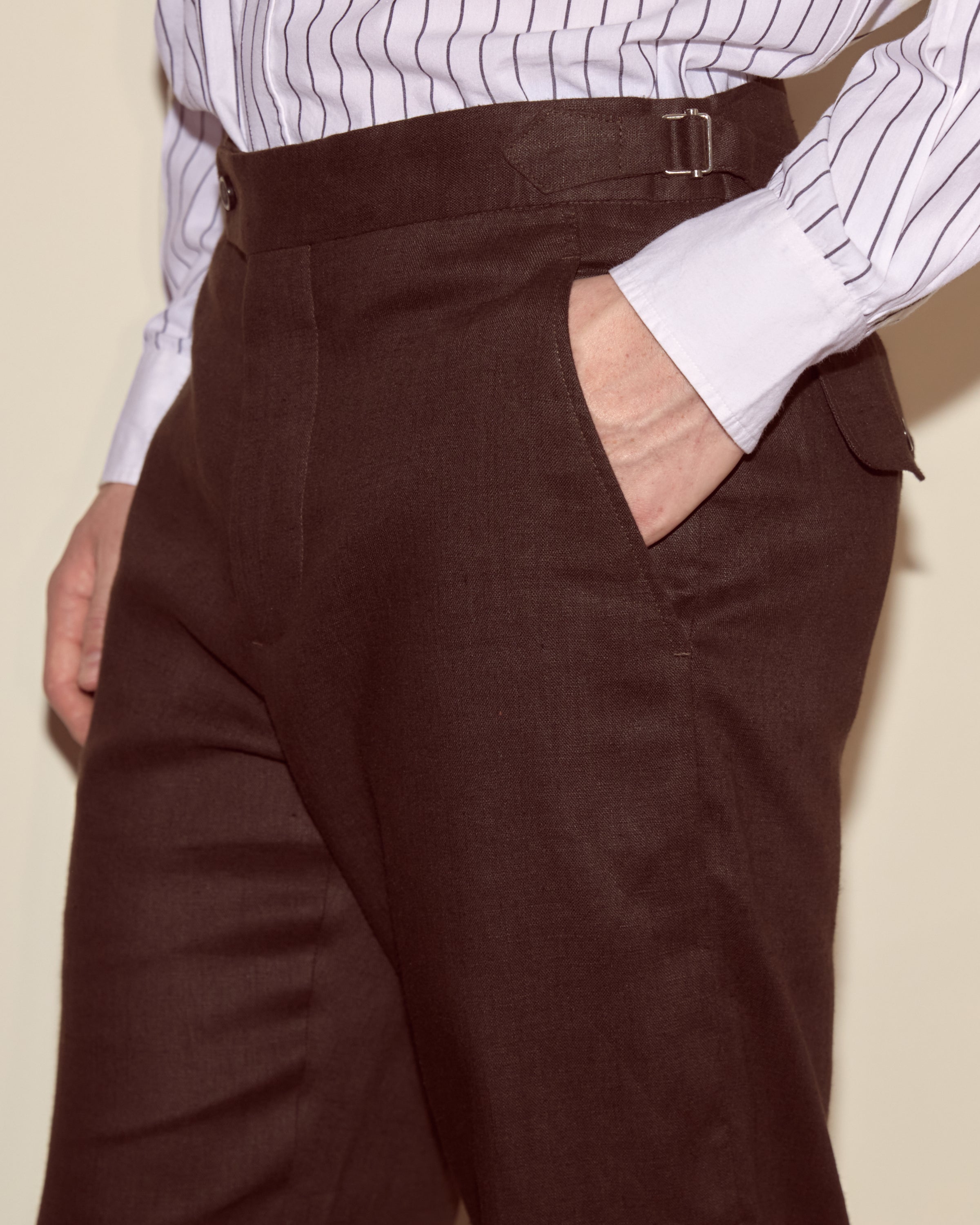 Lightweight Linen Side-Buckle Trousers - Brown/Black | Modern Menswear by yycbvcnbmmnbm