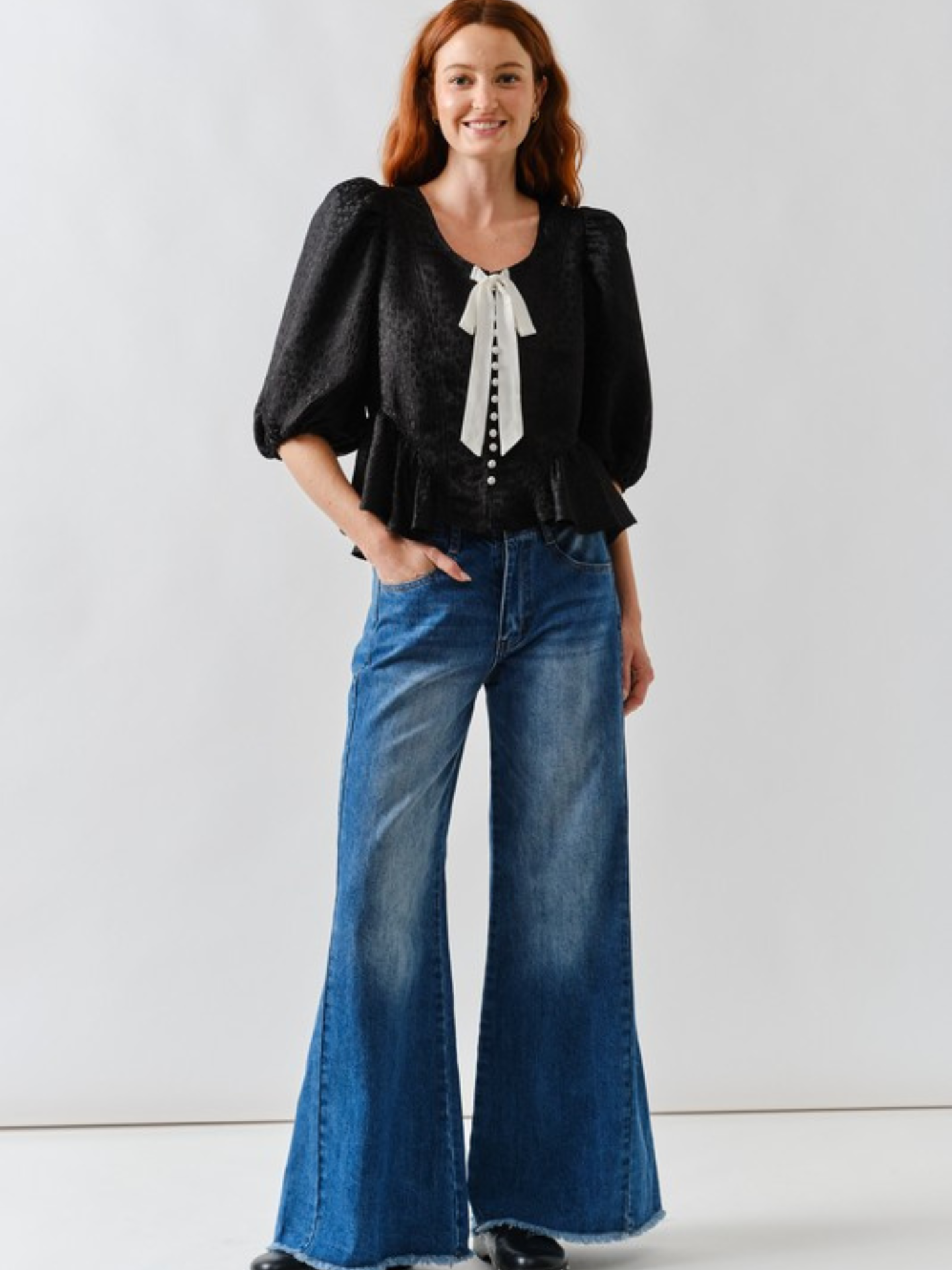 Puff Bow Button Top | Elegant Women's Fashion by coolavocek