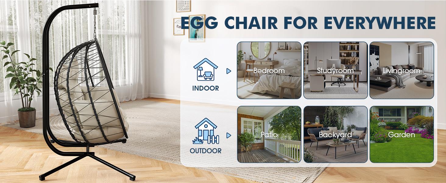 RIWENGO Double Hanging Egg Chair with Cushion, 700lbs Capacity - Foldable Patio Chair with Handwoven PE Wicker & Rust-Proof Frame, for Garden, Porch, Backyard Soft Lounge Swing Summervibes