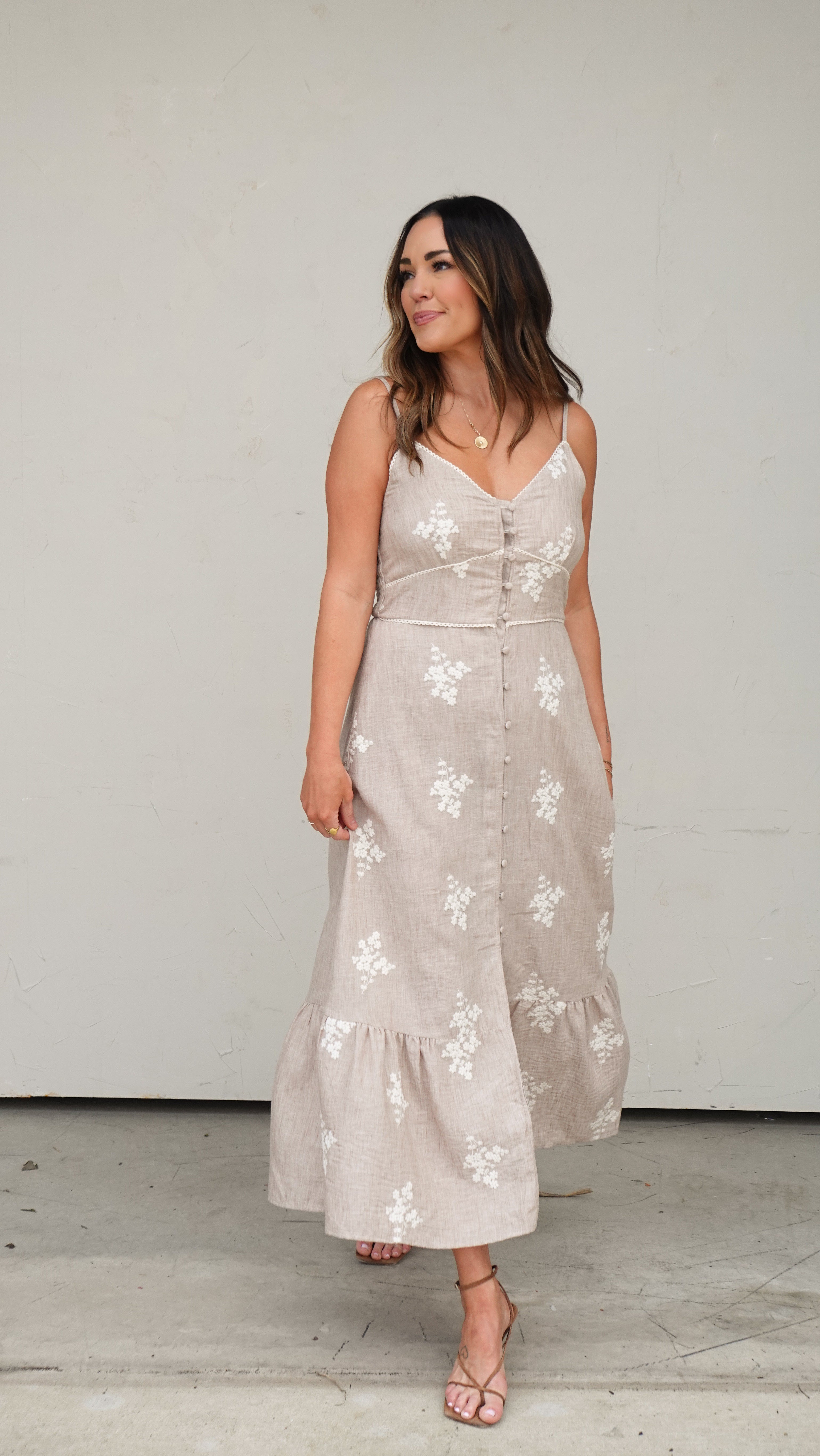 Taupe Embroidered Button-Front Tiered Dress | Elegant Women's Fashion by coolavocek