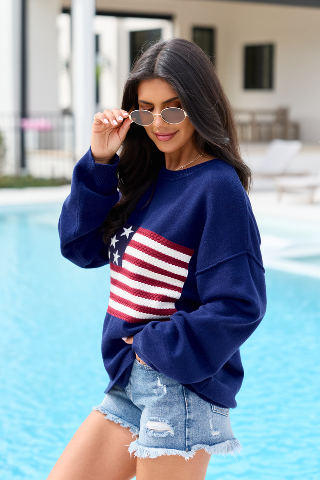 Home Of The Free Navy Textured Flag Sweater DOORBUSTER | Elegant Women's Fashion by coolavocek