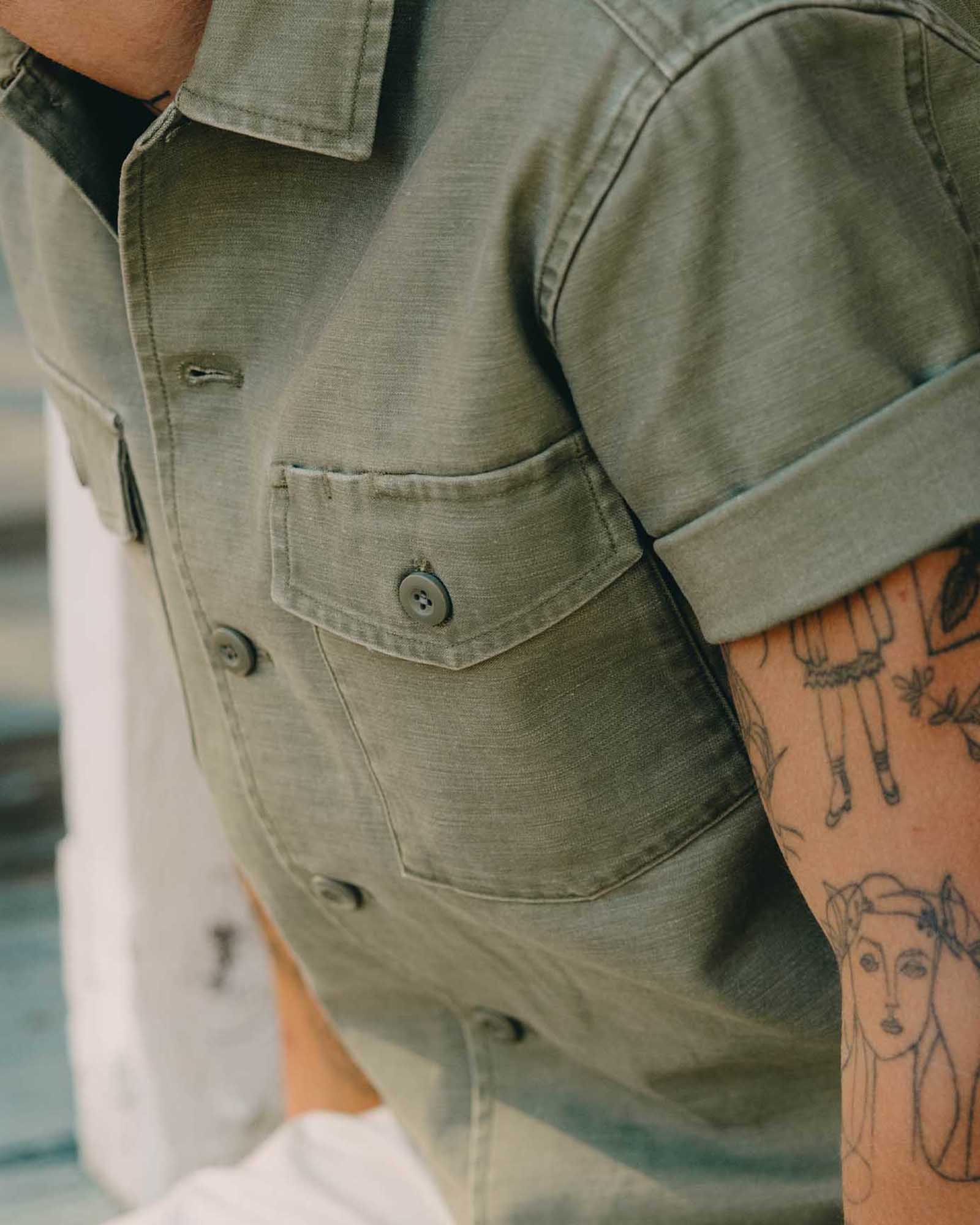 The Short Sleeve Surplus Shirt in Field Olive Reverse Sateen | Modern Menswear by yycbvcnbmmnbm