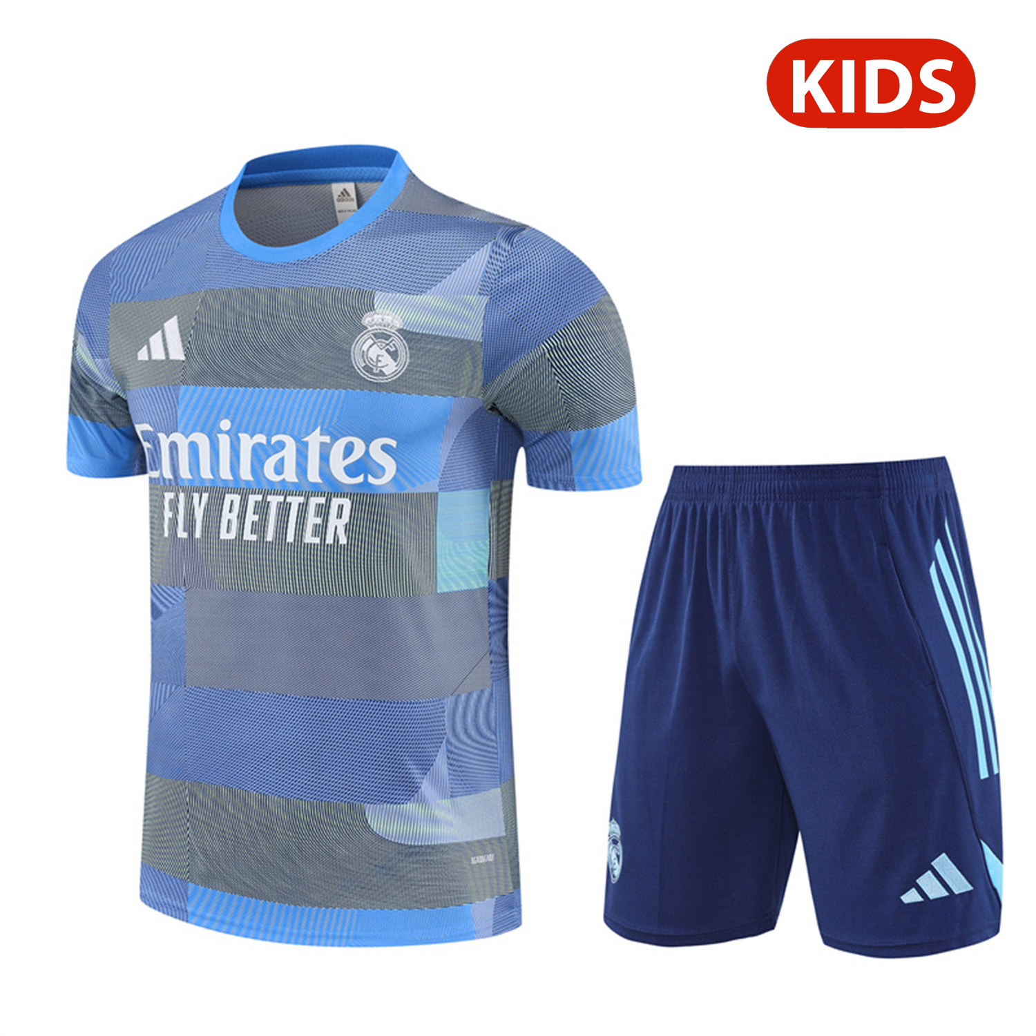 AlphaJersey-Real Madrid 25-26 Pre-Match Kids Short-Sleeve Training Set - Blue-Gray Camouflage Top and Blue Shorts