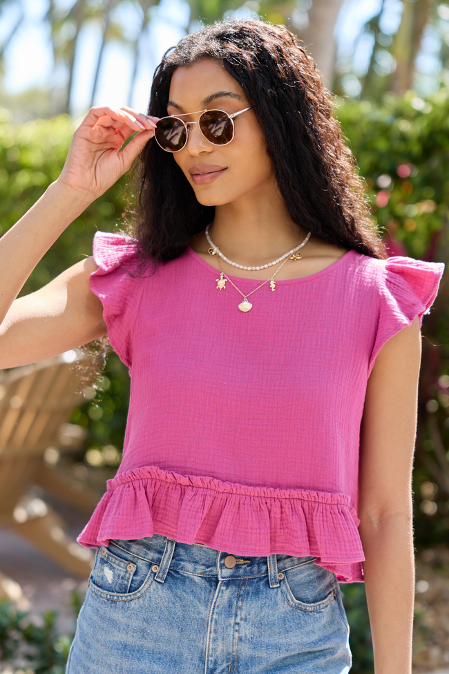 Ruby Pink Gauze Flutter Button Back Woven Blouse | Elegant Women's Fashion by coolavocek