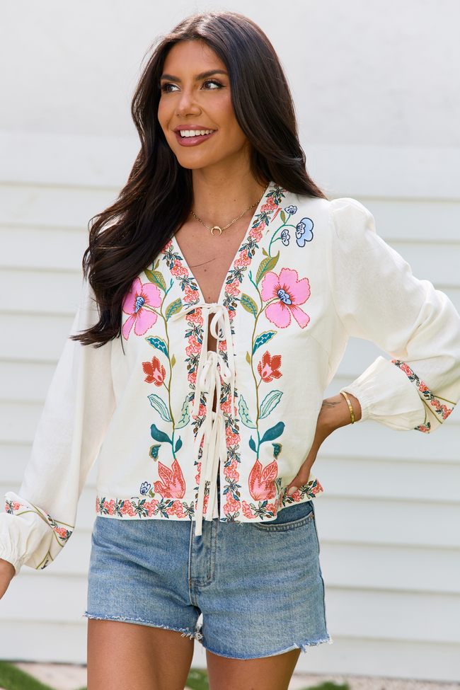 Maclyn White Floral Long Sleeve Tie Front Top | Elegant Women's Fashion by coolavocek