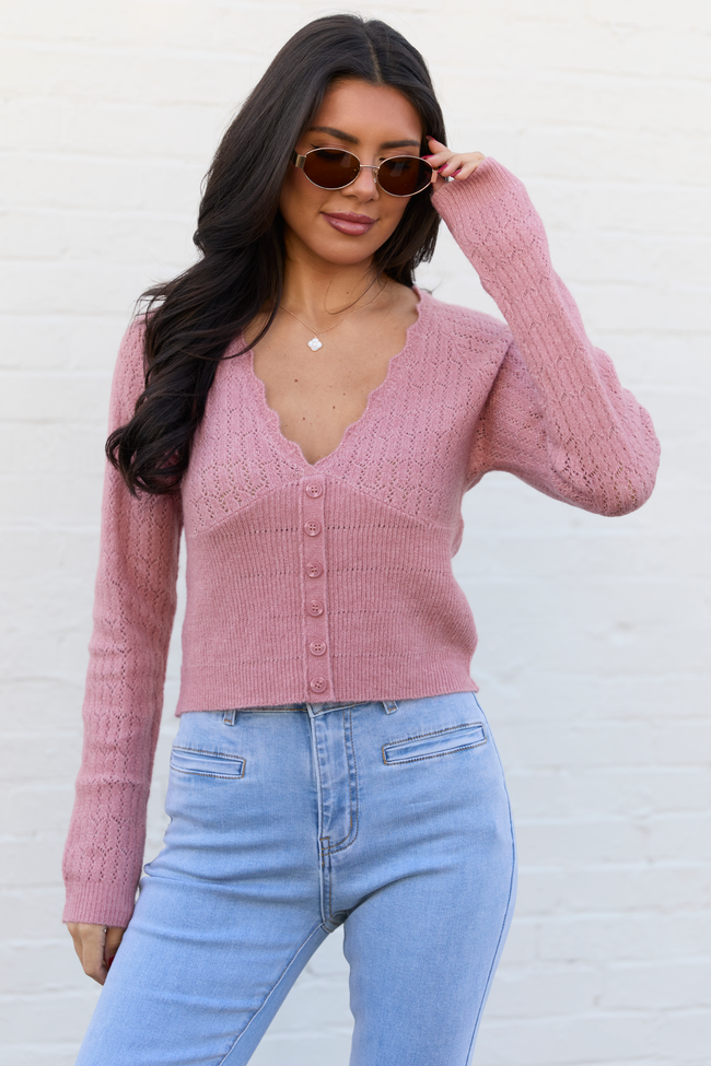 Pheobe Mauve Pointelle Cardigan Top | Elegant Women's Fashion by coolavocek