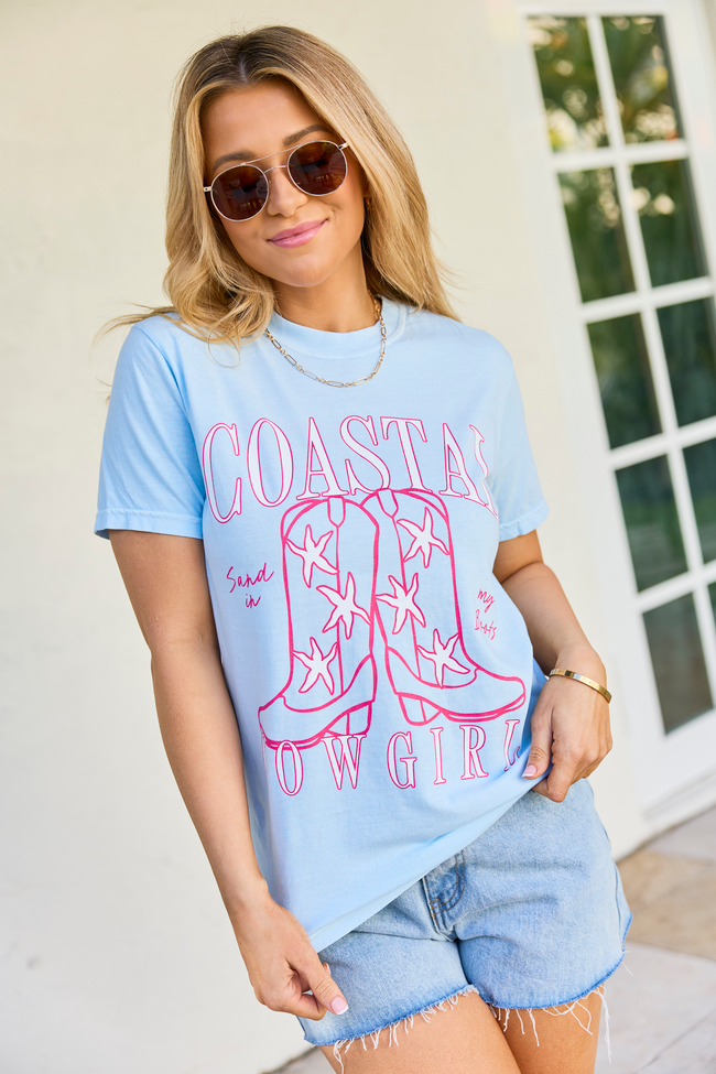 Coastal Cowgirl Boots Light Blue Graphic Tee | Elegant Women's Fashion by coolavocek