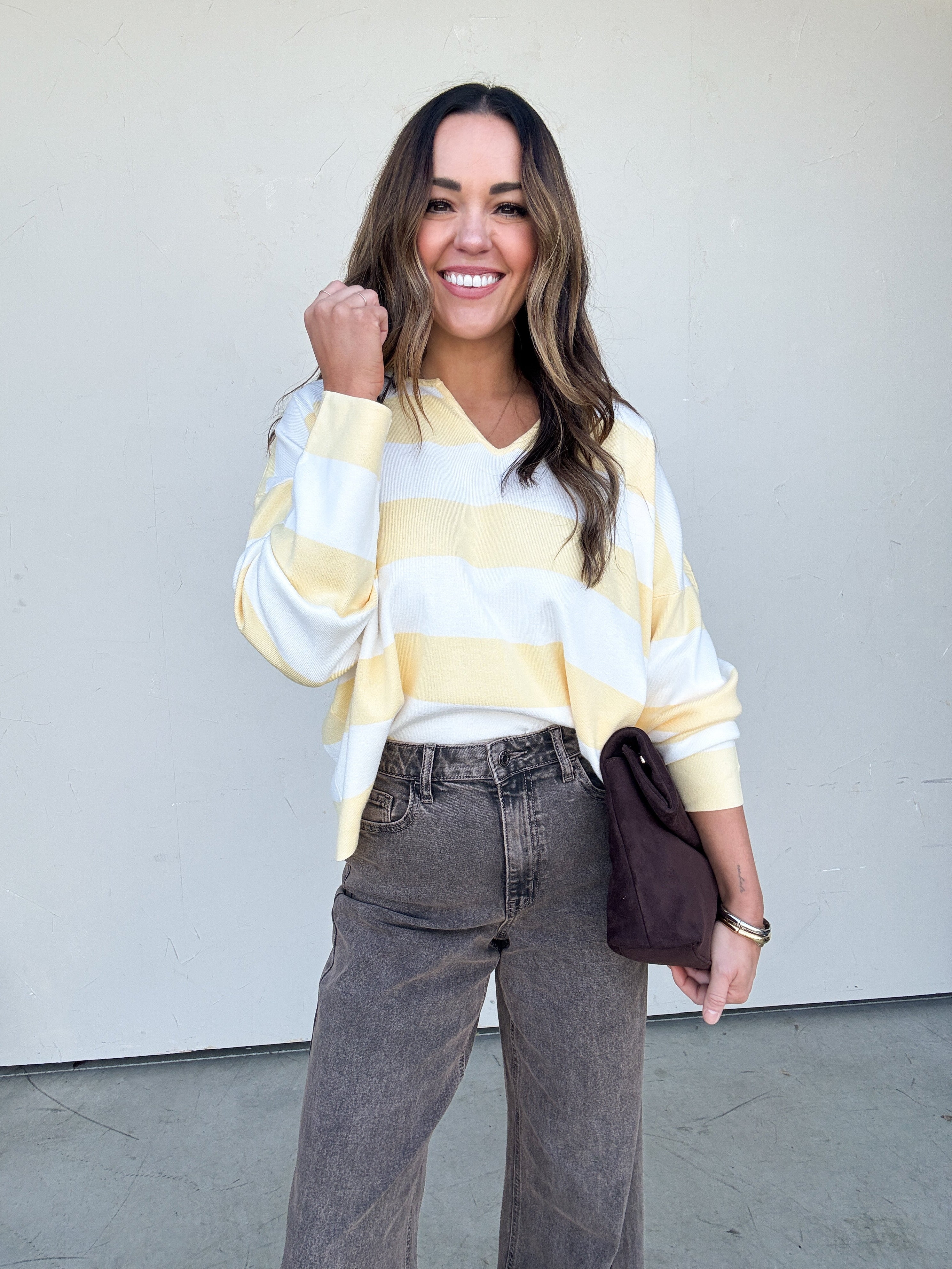 Yellow Striped Split-Neck Sweater | Elegant Women's Fashion by coolavocek