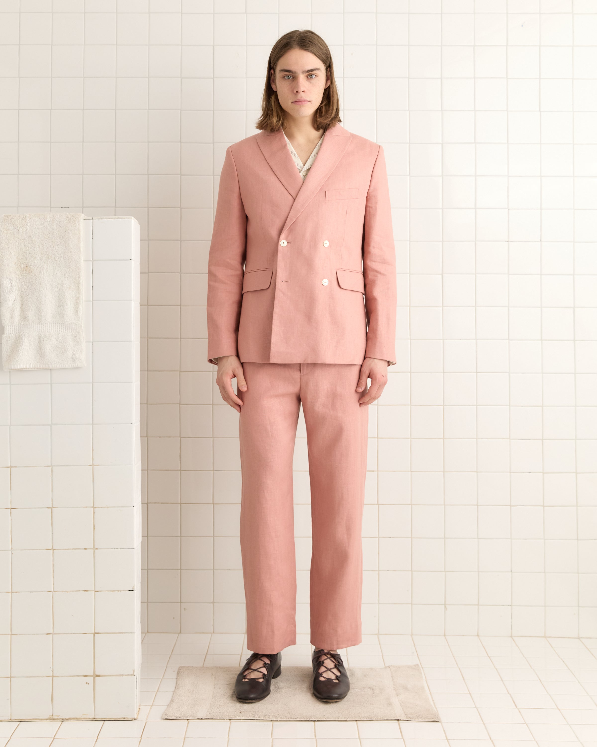 Lightweight Linen Double-Breasted Suit Jacket - Pink | Modern Menswear by yycbvcnbmmnbm