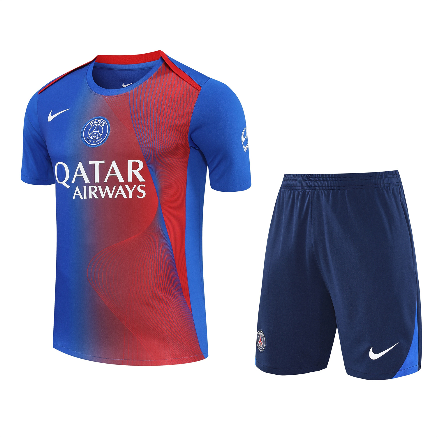 AlphaJersey-Paris Saint-Germain PSG 25-26 Short-Sleeve Training Set - Red And Blue Lines Top & Blue Shorts
