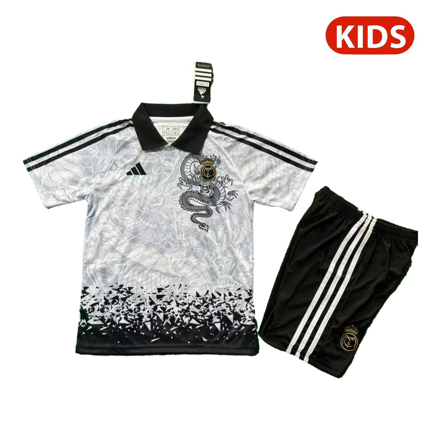 AlphaJersey-Real Madrid 25-26 Black Dragon Pattern White Special Polo Kids Kit