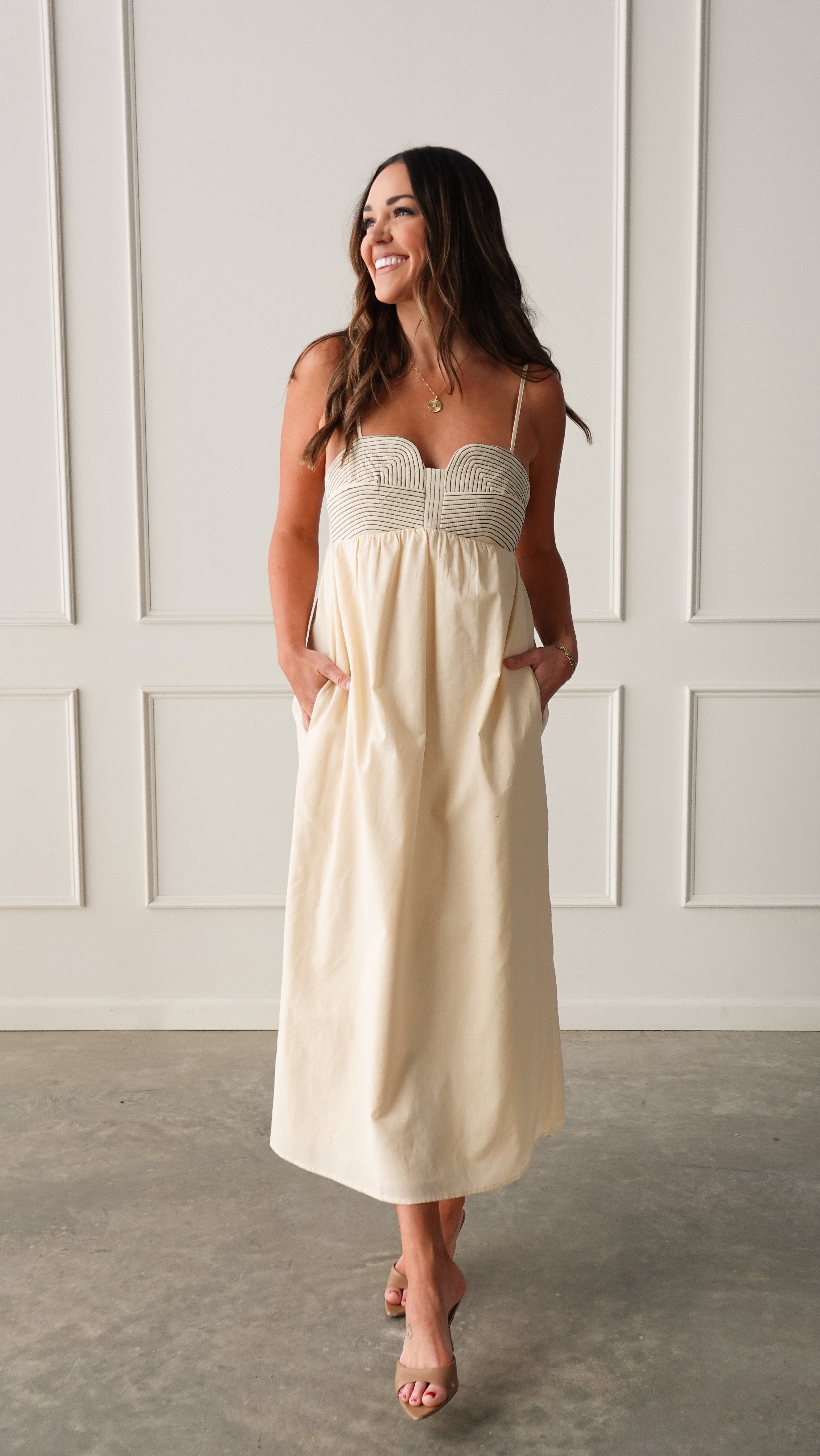 Sand Top-Stitch Midi Dress | Elegant Women's Fashion by coolavocek
