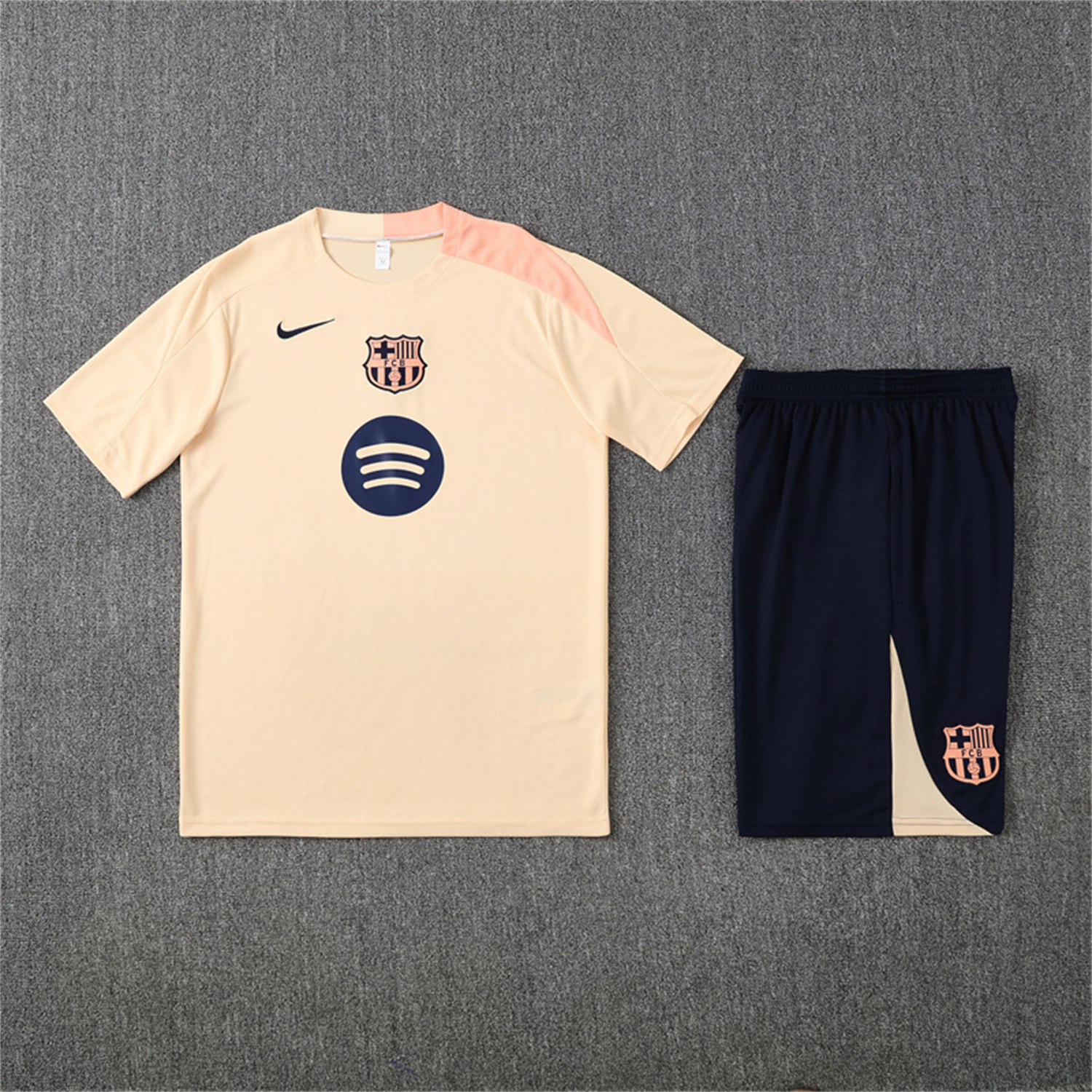 AlphaJersey-Barcelona 25-26 Short-Sleeve Training Set - Beige Top & Blue Shorts