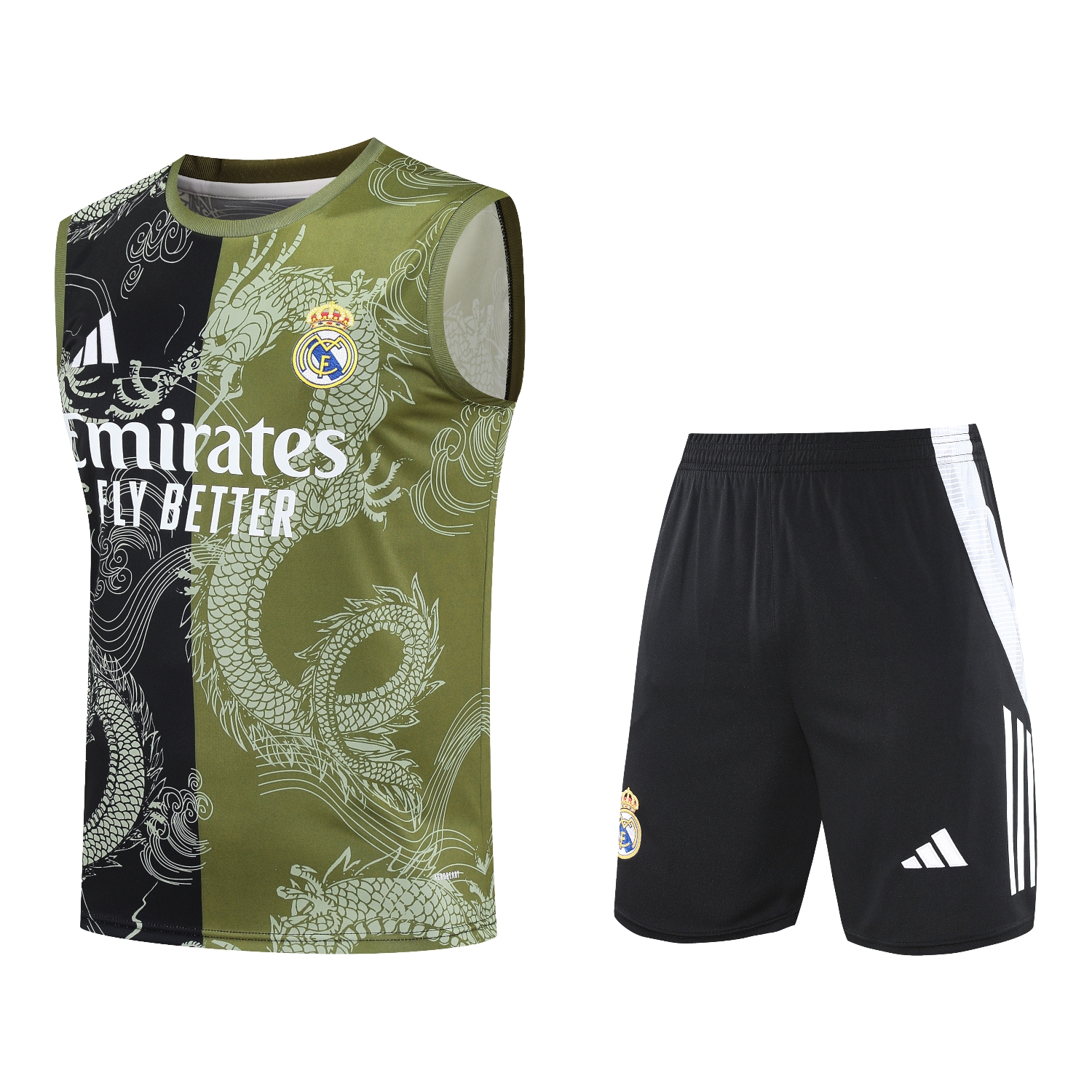 AlphaJersey-Real Madrid 25-26 Vest Training Set - Green-Black Dragon Vest & Black-White Shorts