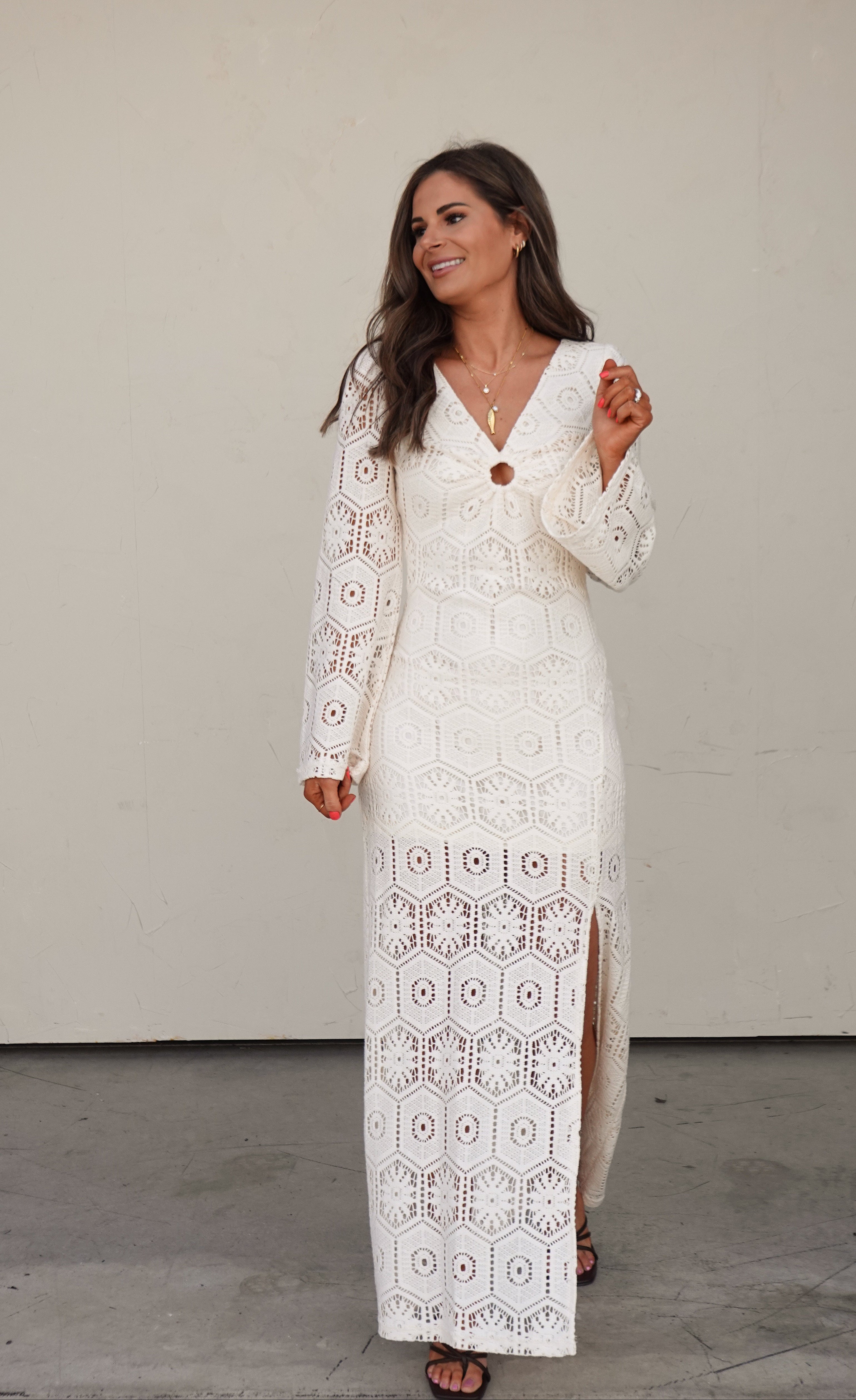 Ivory Crochet Long-Sleeve Maxi Dress | Elegant Women's Fashion by coolavocek