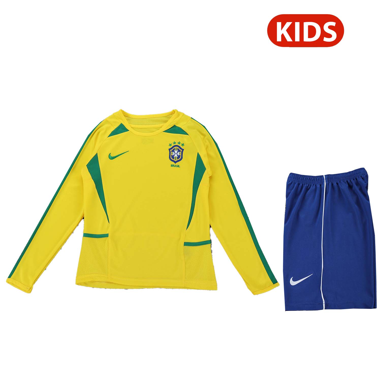 AlphaJersey-Retro Brazil 2002 Home Long Sleeves Kids Kit