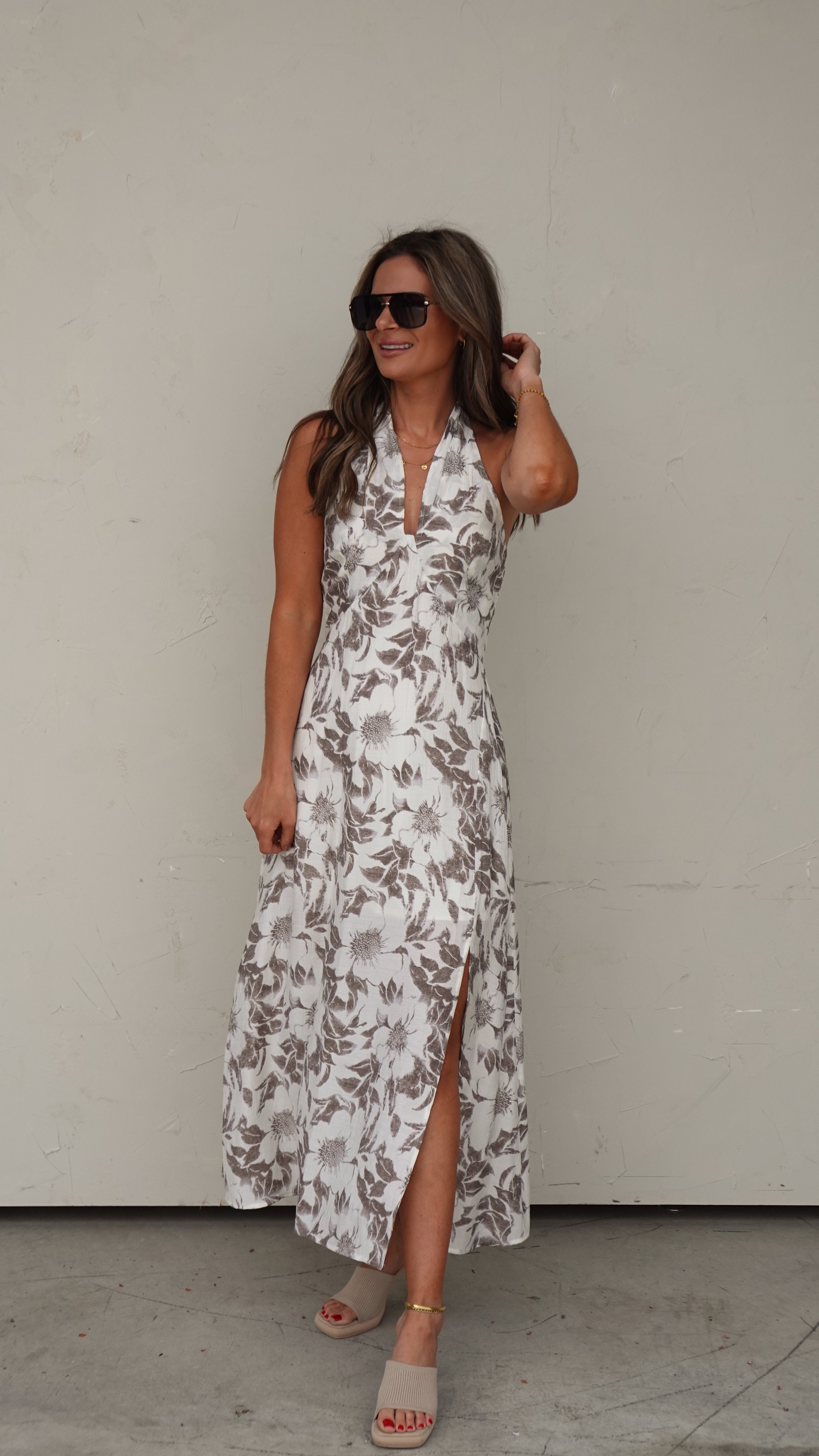 Ivory Floral Halter Dress | Elegant Women's Fashion by coolavocek