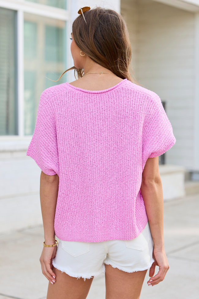 Alana Pink Open Knit Short Sleeve Sweater | Elegant Women's Fashion by coolavocek