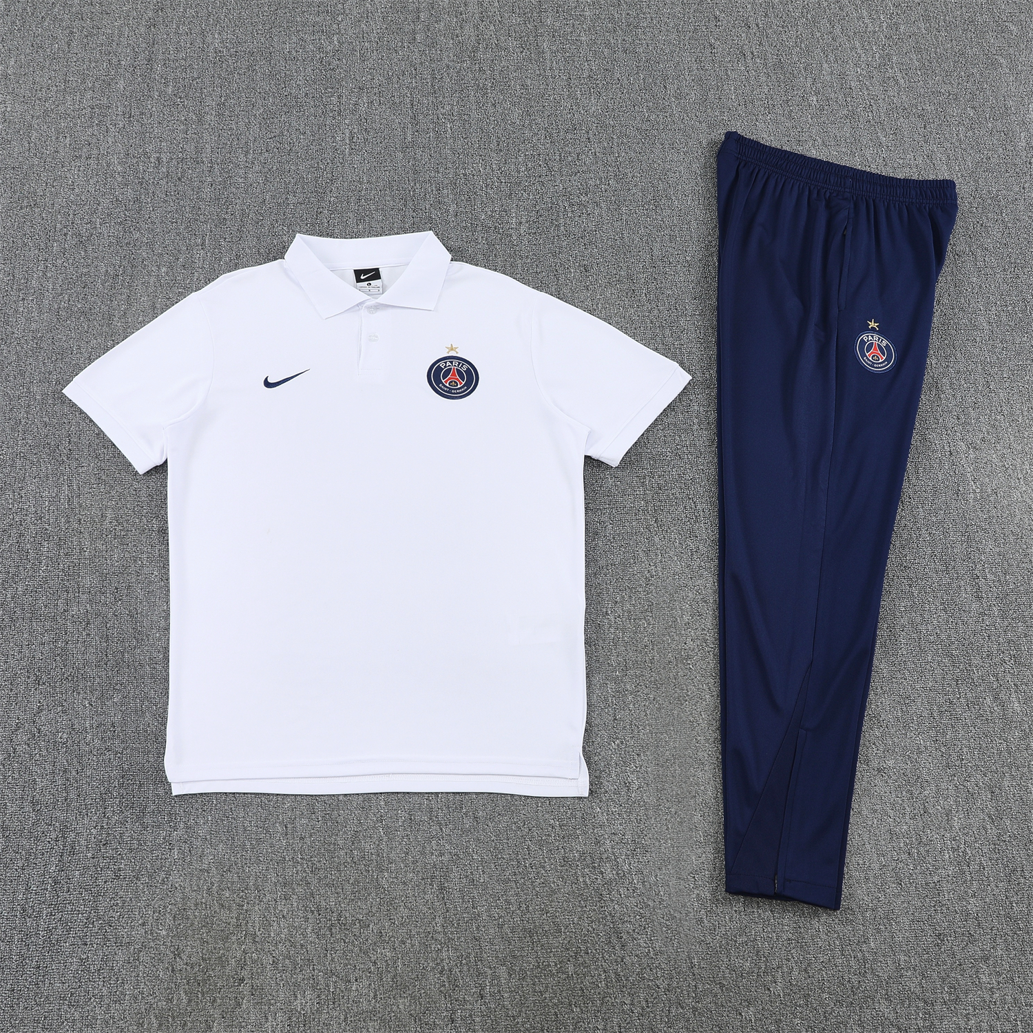 AlphaJersey-Paris Saint-Germain PSG 25-26 POLO Short-Sleeve Training Set - White Top and Dark Blue Pants