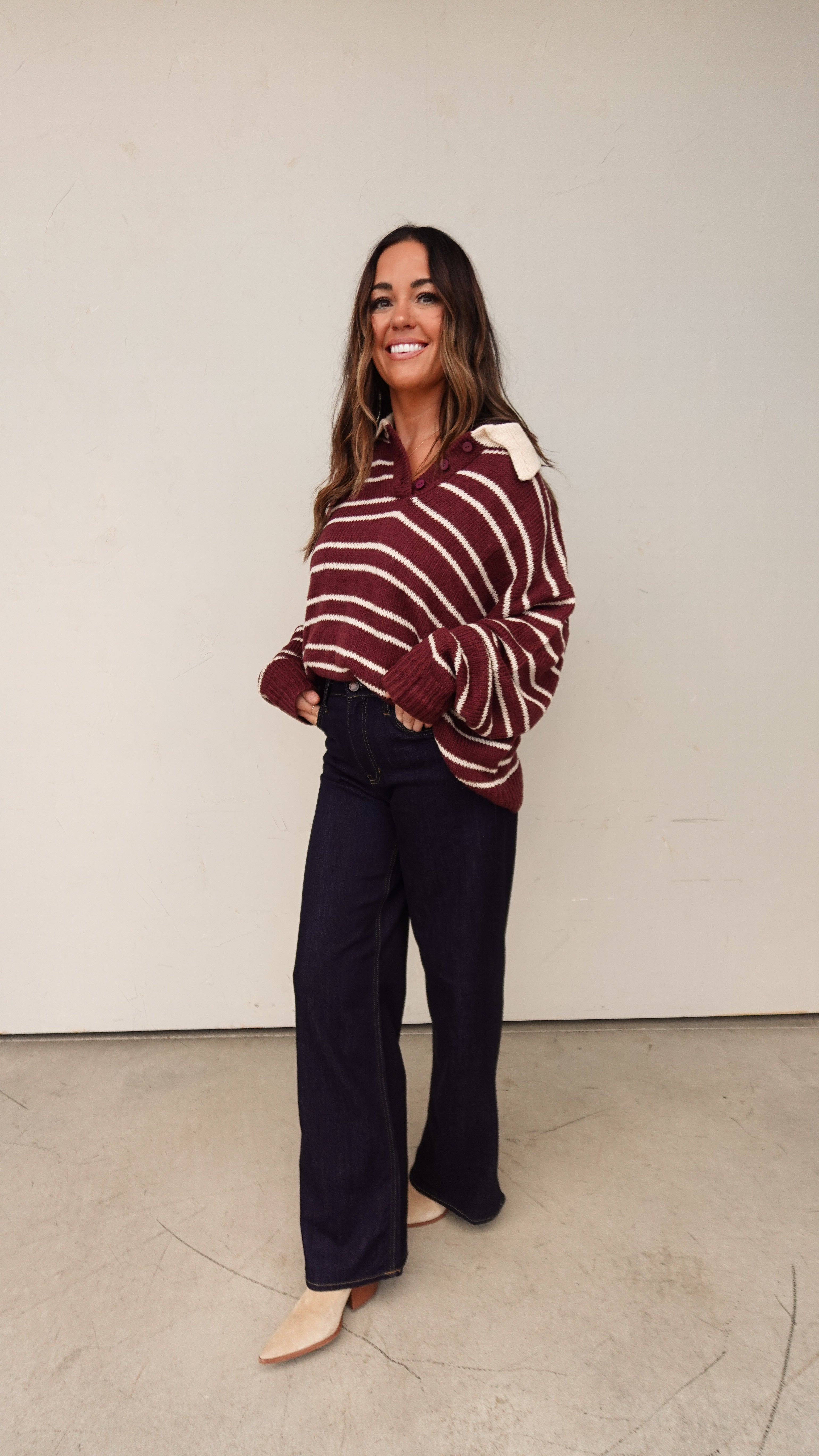 Burgundy Striped Rugby Sweater | Elegant Women's Fashion by coolavocek