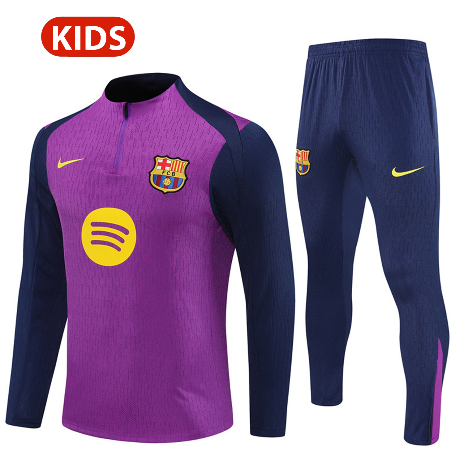 AlphaJersey-Barcelona 25-26 Kids Long Sleeve Training Set - Purple Top & Deep Blue Pants
