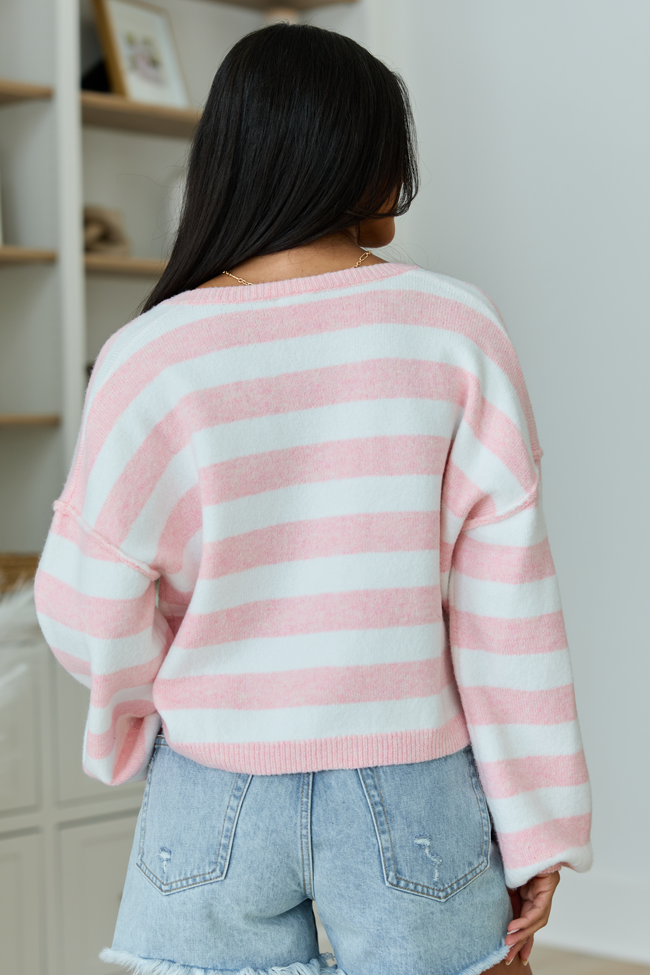 Gillian Pink And Ivory Striped Henley Knit Sweater SALE | Elegant Women's Fashion by coolavocek
