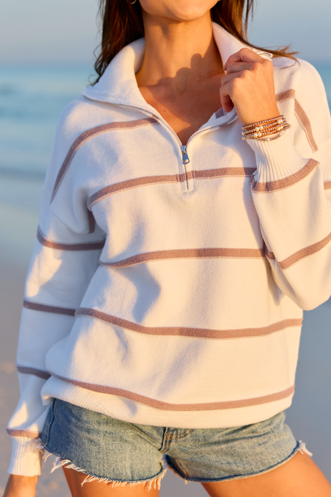 Sunday Stripe Club White And Taupe Quarter Zip | Elegant Women's Fashion by coolavocek