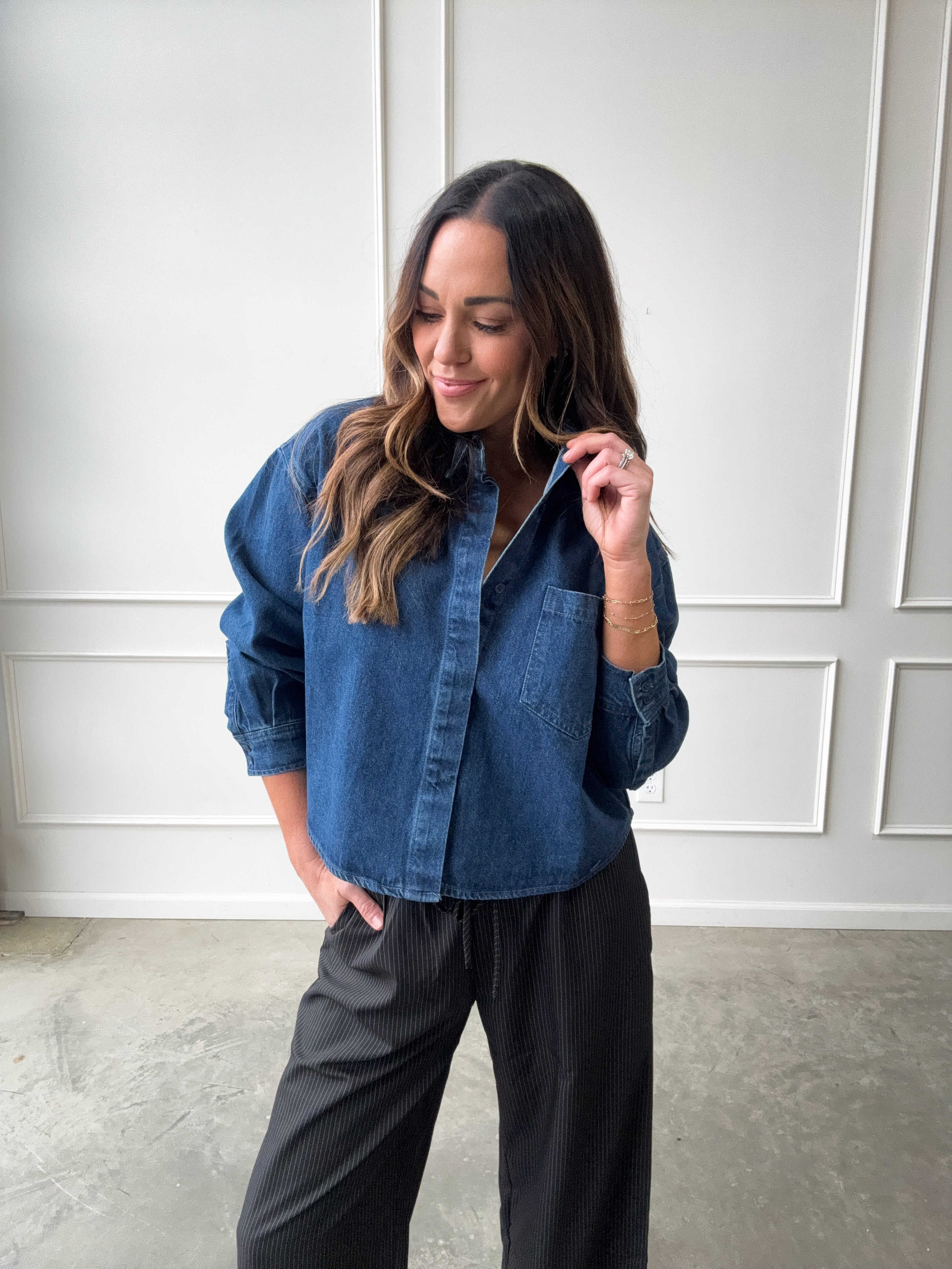 Dark Wash Cropped Denim Shirt | Elegant Women's Fashion by coolavocek