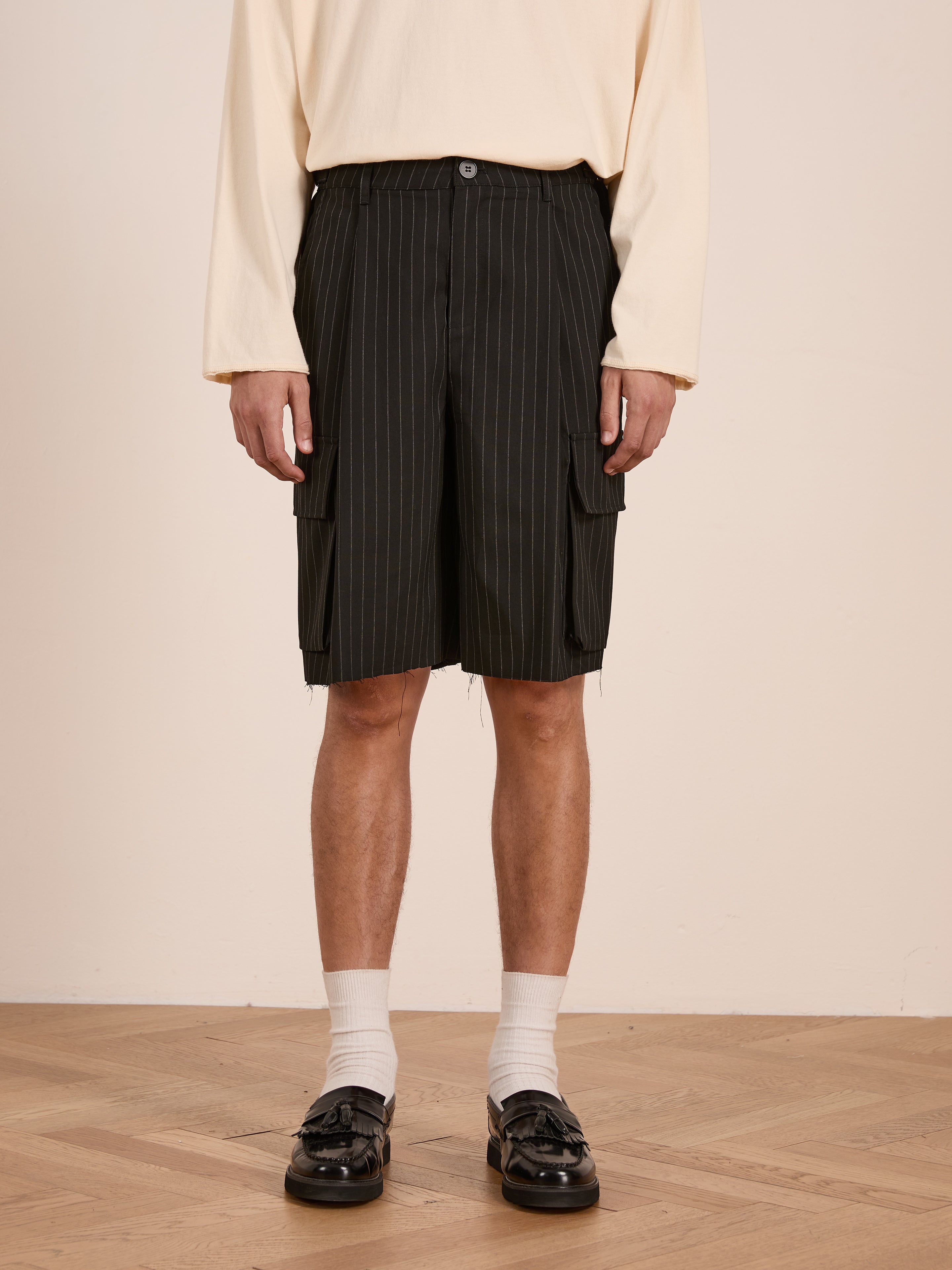 Hava Pinstripe Pleated Cargo Trouser Shorts | Modern Menswear by yycbvcnbmmnbm