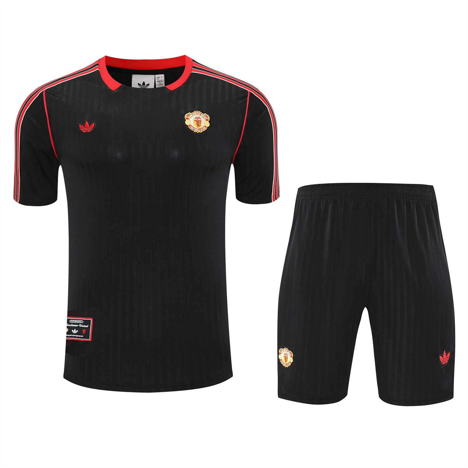 AlphaJersey-Manchester United 25-26 Short-Sleeve Training Set - Red Lines Black Top & Black Shorts