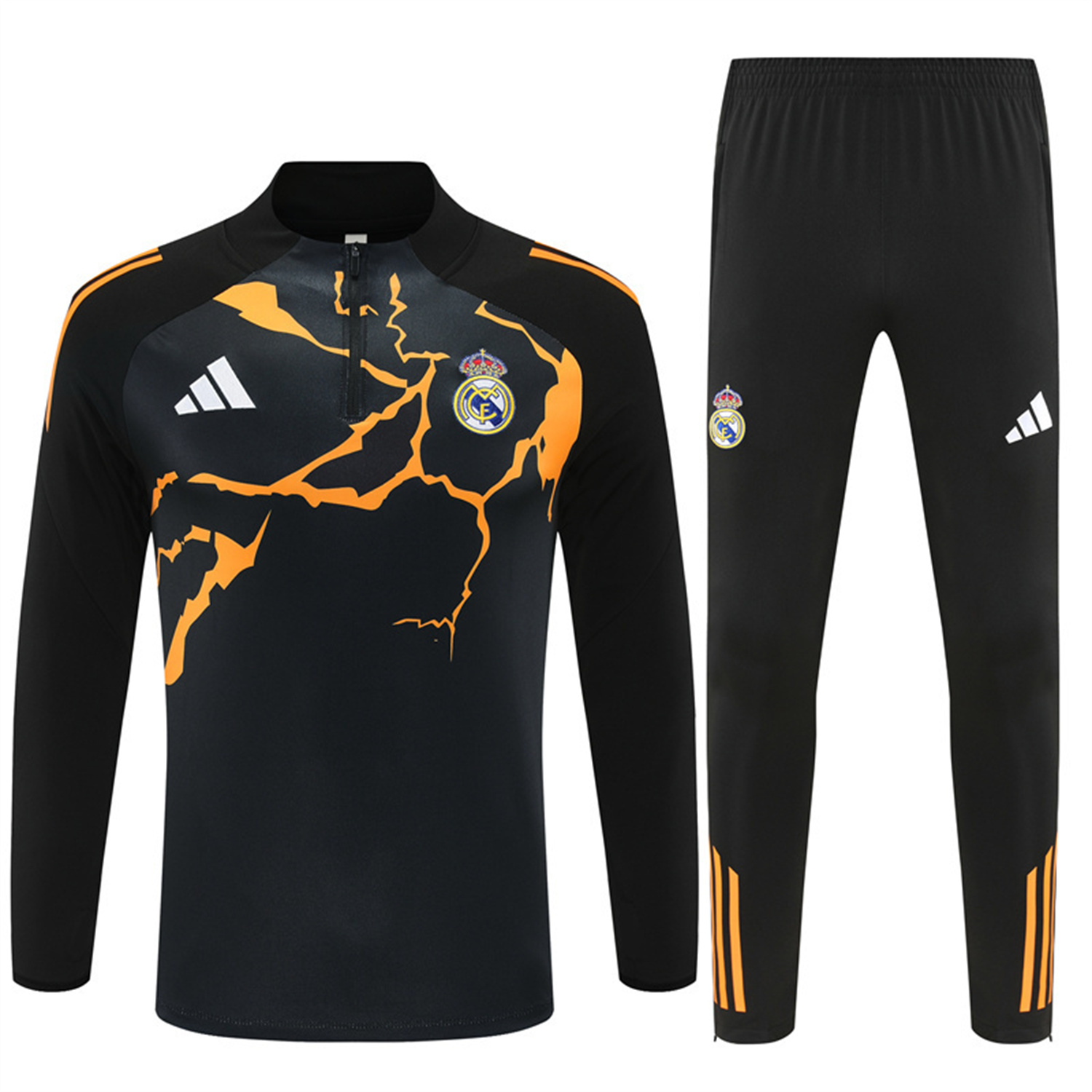 AlphaJersey-Real Madrid 25-26 Kids Long Sleeve Training Set - Player Version - Yellow Pattern Black Top and Black Pants