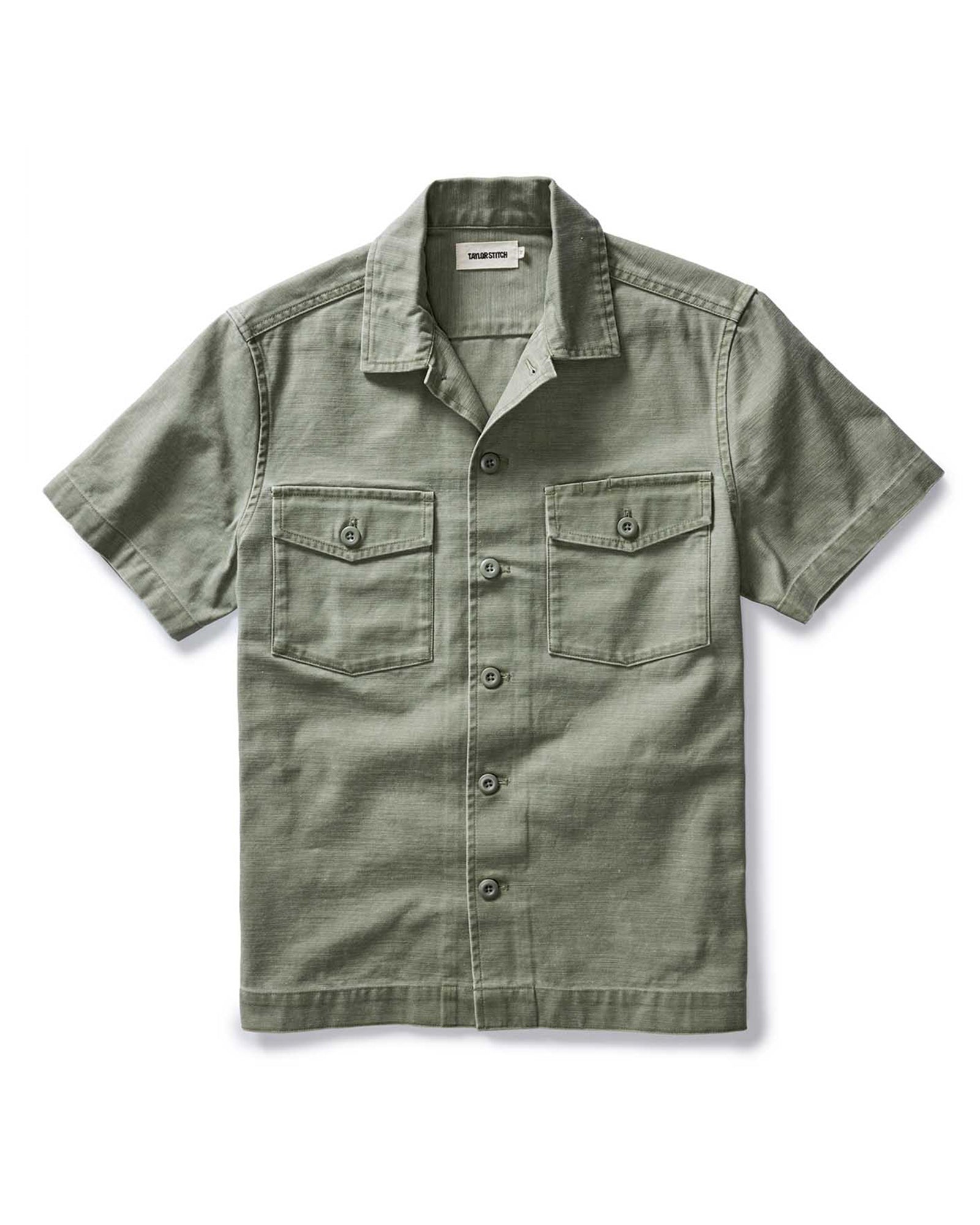 The Short Sleeve Surplus Shirt in Field Olive Reverse Sateen | Modern Menswear by yycbvcnbmmnbm