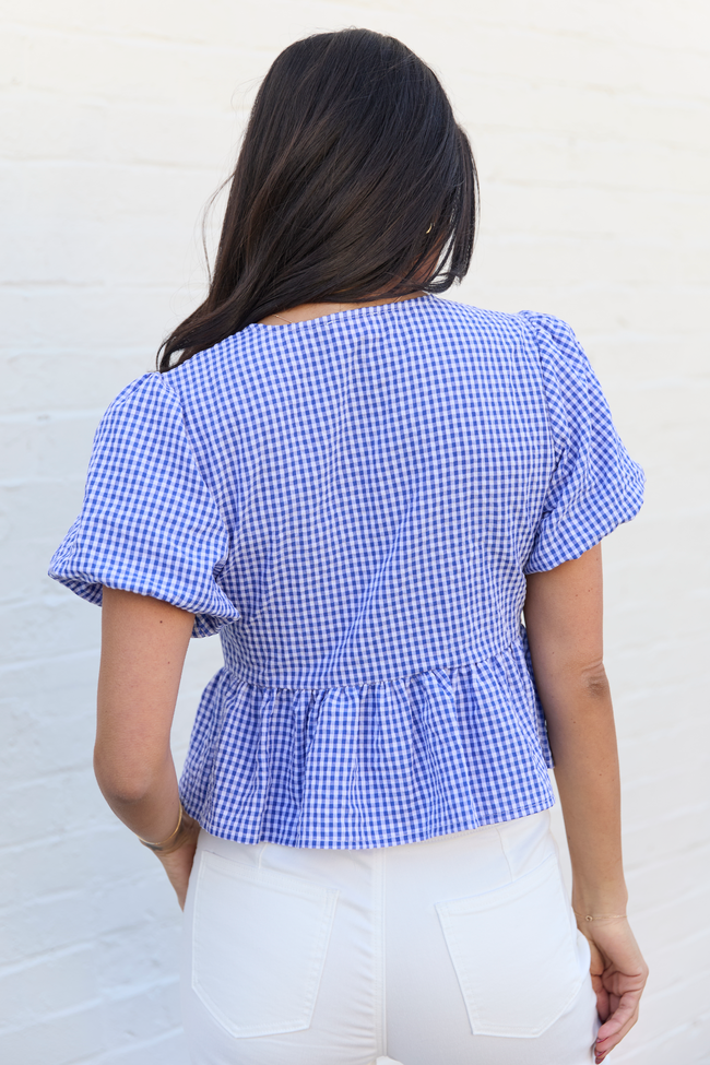 Mila Blue Gingham Tie Front Flounce Woven Blouse | Elegant Women's Fashion by coolavocek