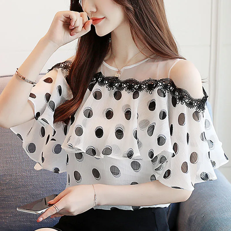 Summer Fashion Shirts Women Elegant Short Sleeve Lady Tops Sweet Polka Dot Chiffon White Blouse Casual Loose Clothes Blusas 0611