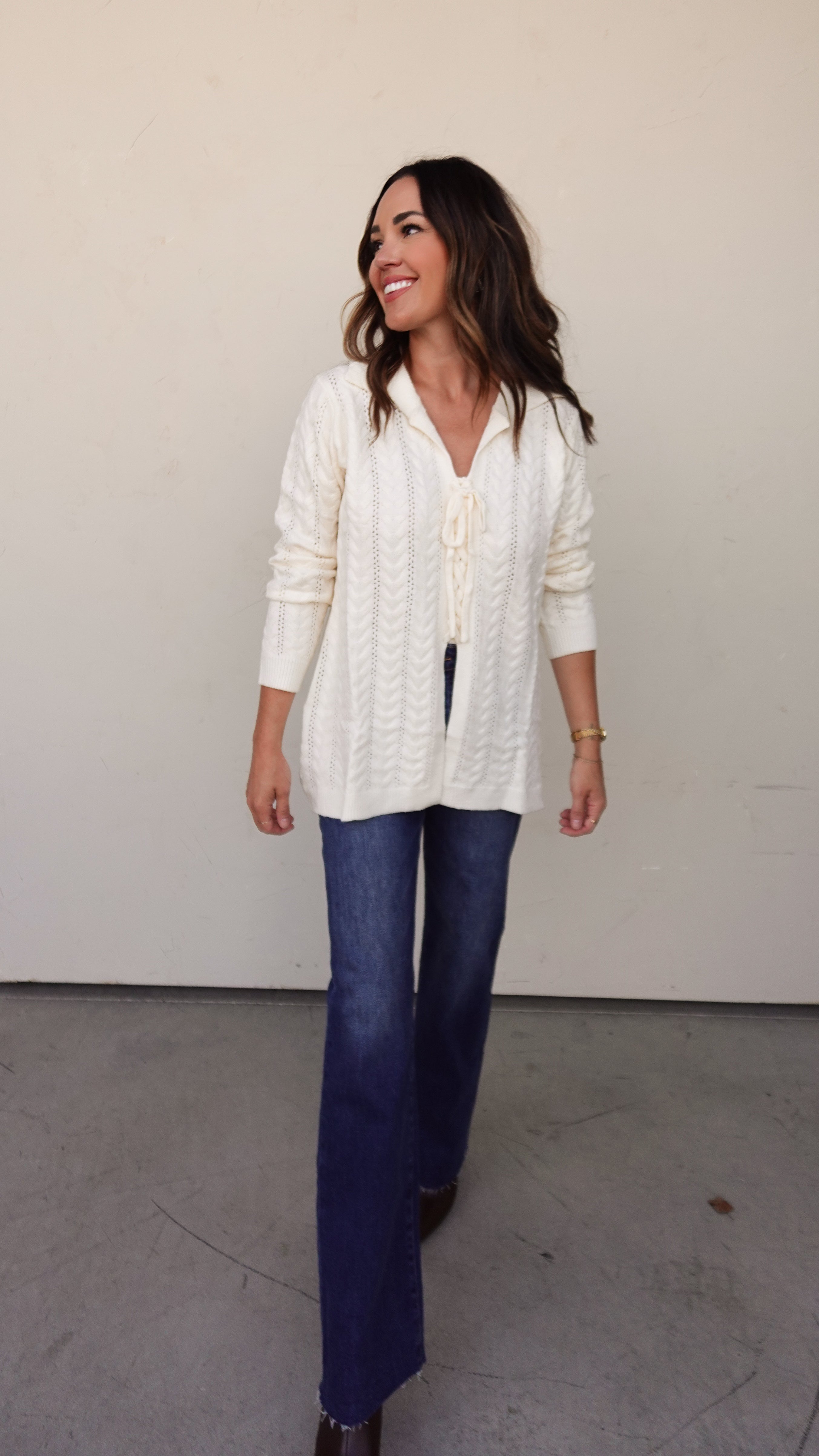 Cream Cableknit Lace Up Sweater | Elegant Women's Fashion by coolavocek
