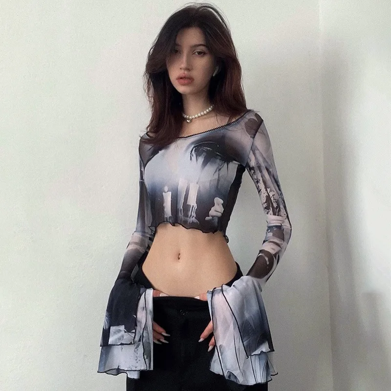Summer 2022 t-shirts Printed Mesh Round Neck Pullover Horn Long Sleeve Casual European Beauty Dress tops y2k clothes Wholesale