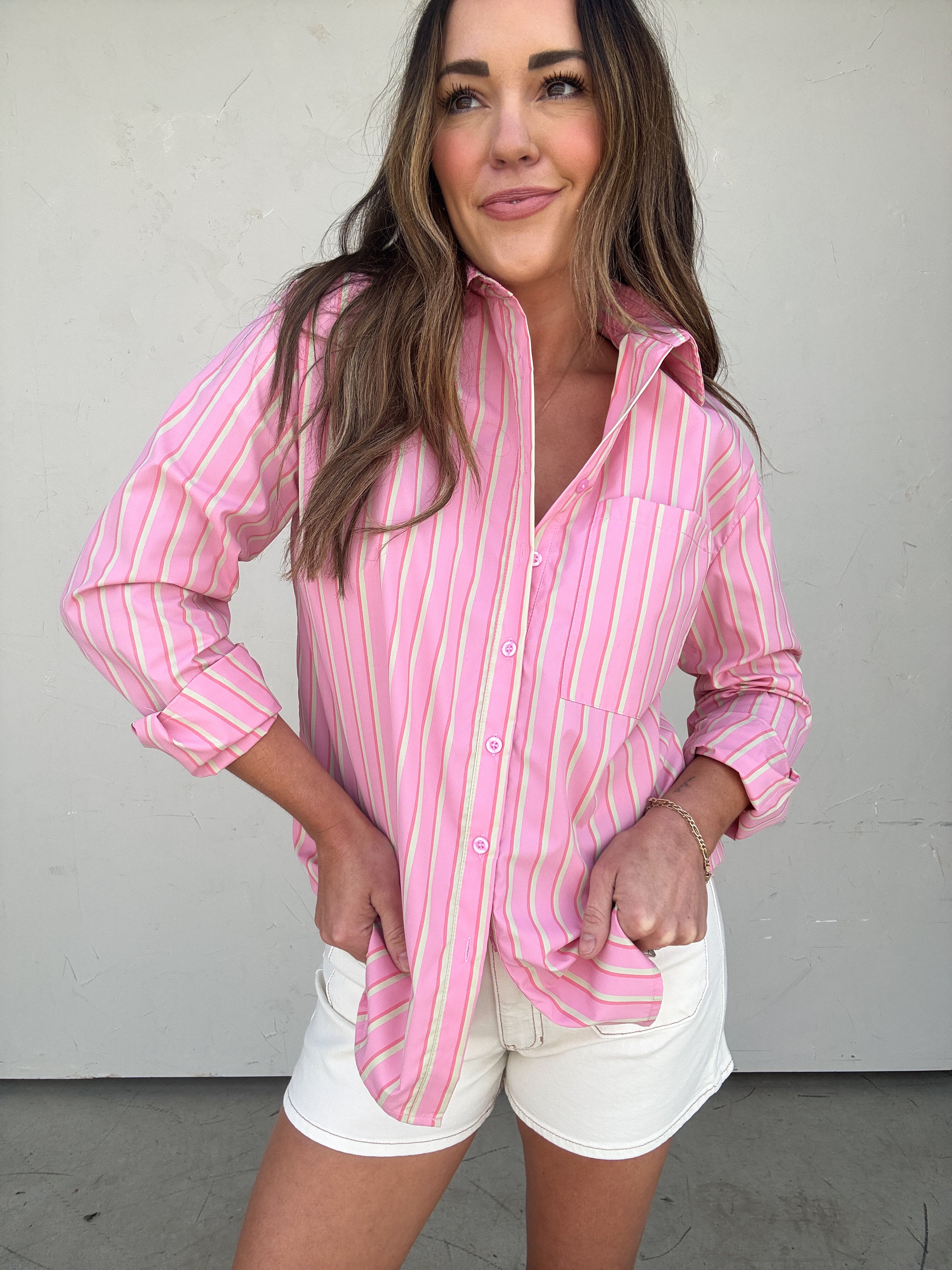 Pink Striped Button-Down Shirt | Elegant Women's Fashion by coolavocek