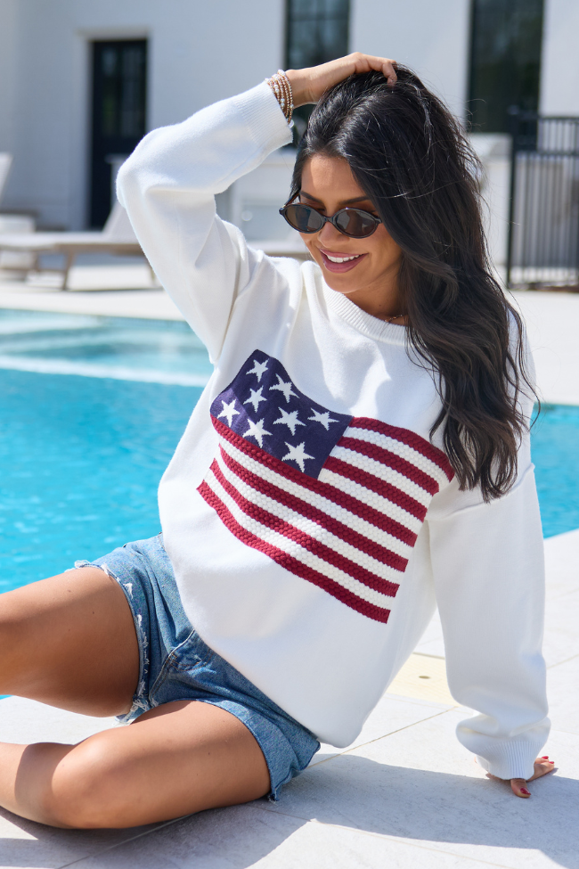 Home Of The Free Ivory Textured Flag Sweater DOORBUSTER | Elegant Women's Fashion by coolavocek