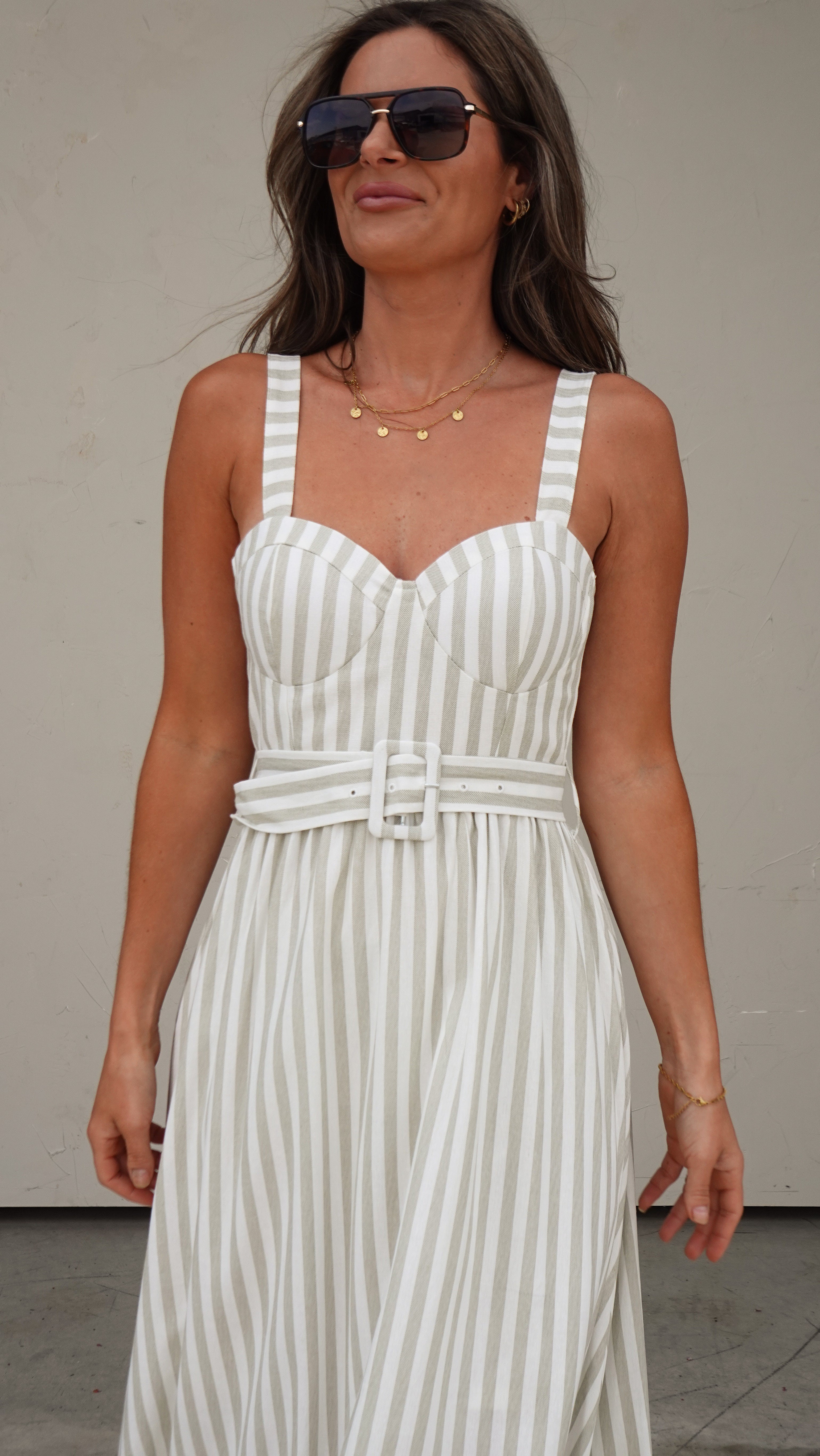 Green Stripe Belted Midi Dress | Elegant Women's Fashion by coolavocek